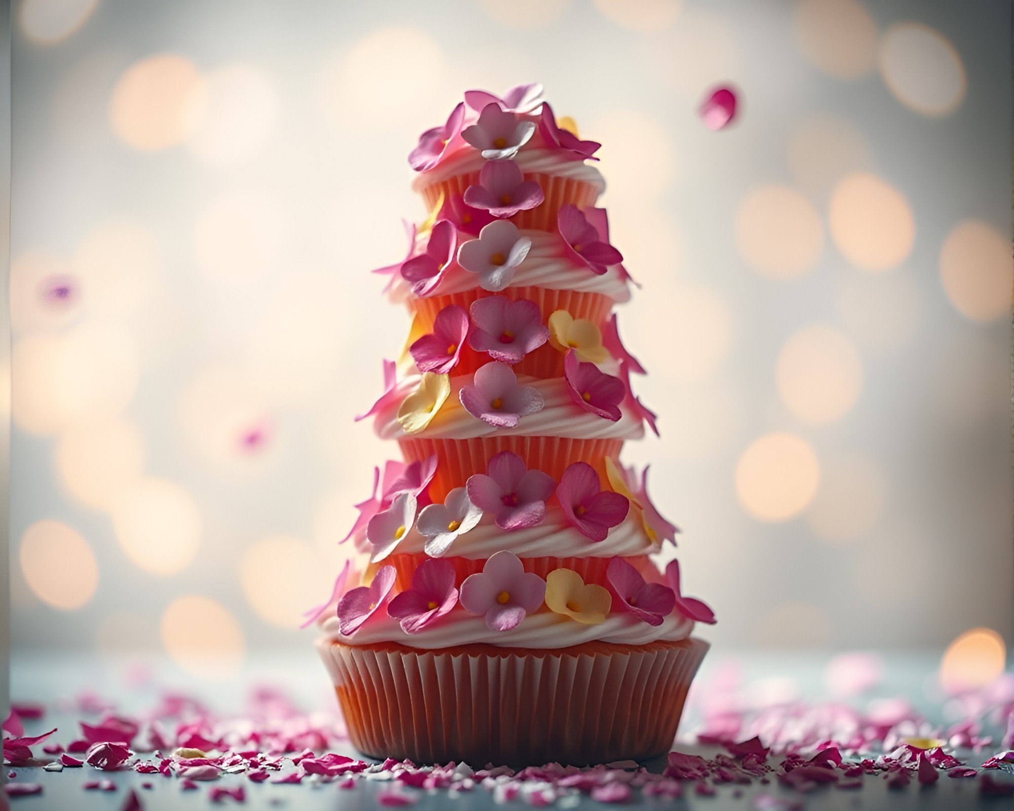 Flower Petal Cupcake Tower in Spotlight Focus – free AI stock image