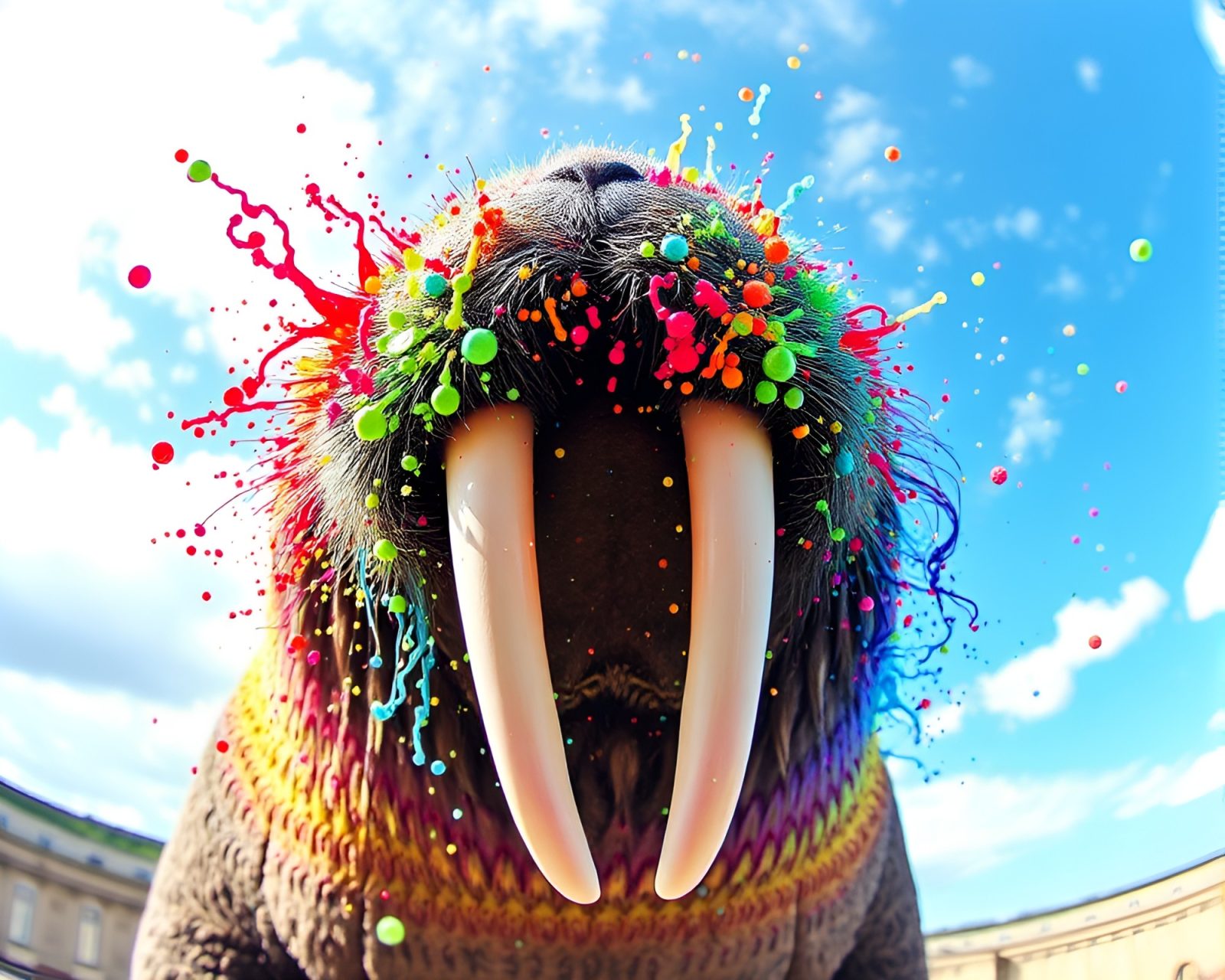 Vibrant worm's eye view of a rainbow walrus