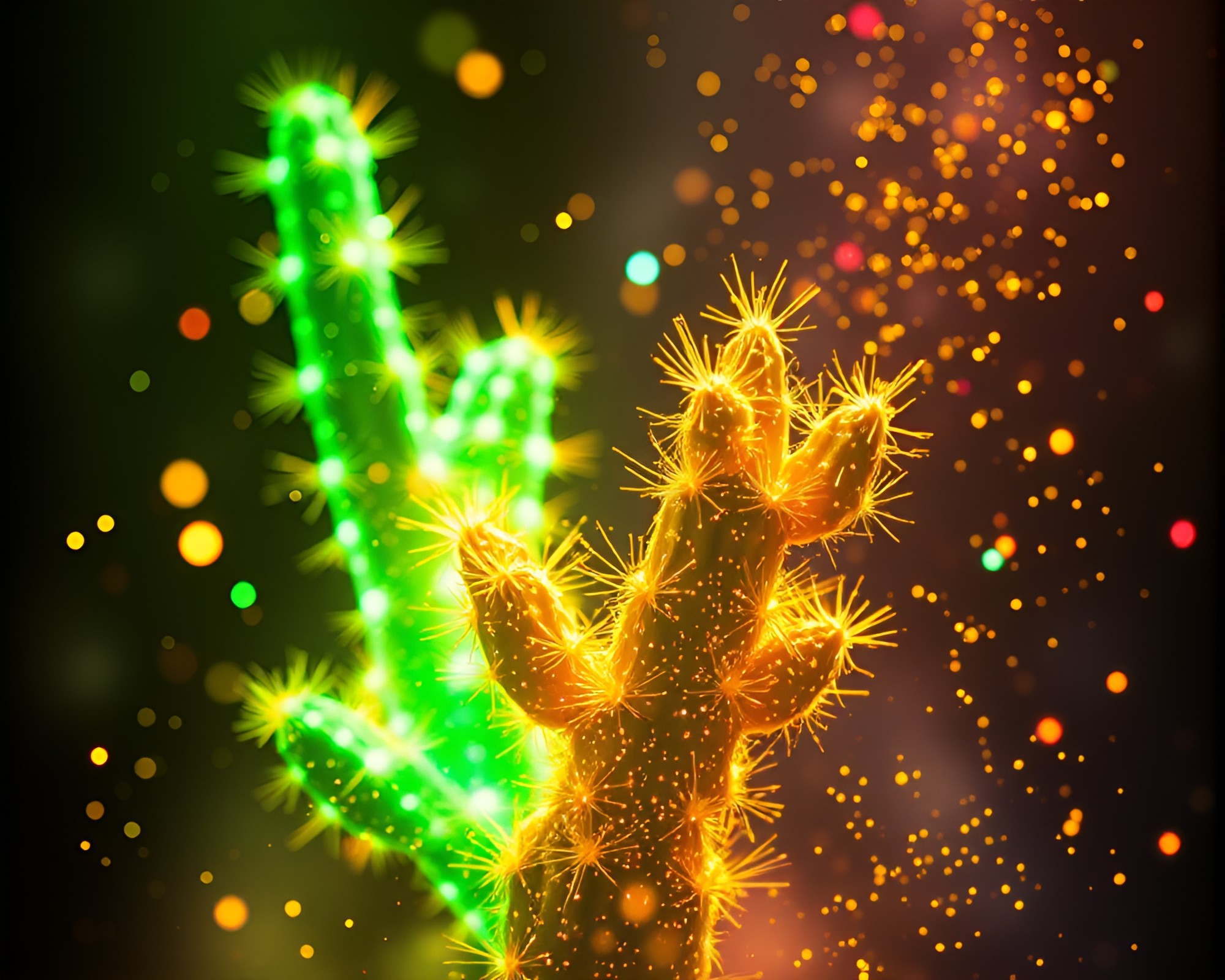 Neon Cactus Glow: Floating Particles Illuminated by Dust Motes – free AI stock image