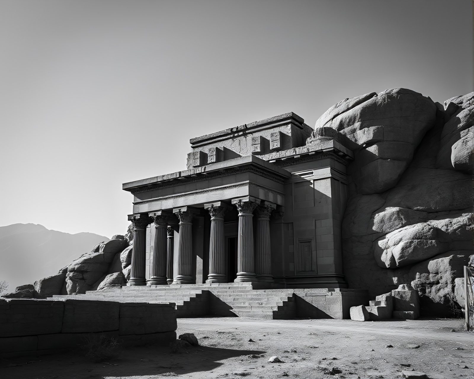 Monochrome image of temple in dramatic shadow lighting