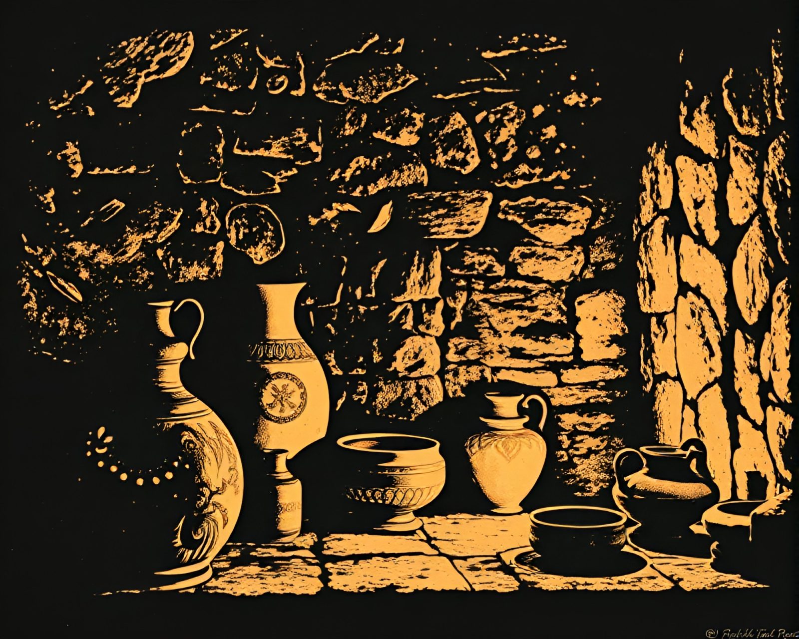 Divisionism linocut textured pottery glowing in torchlight ambiance