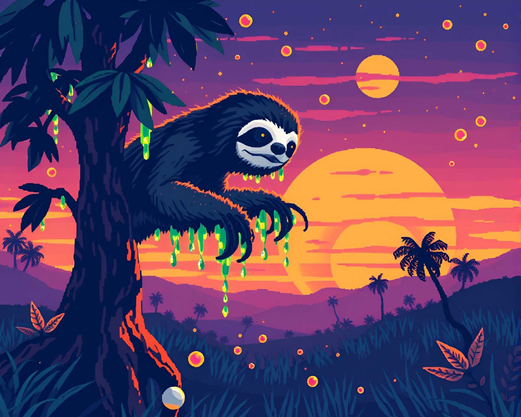 Sunset Sloth in 8-bit Dew Drops Composition – free AI stock image