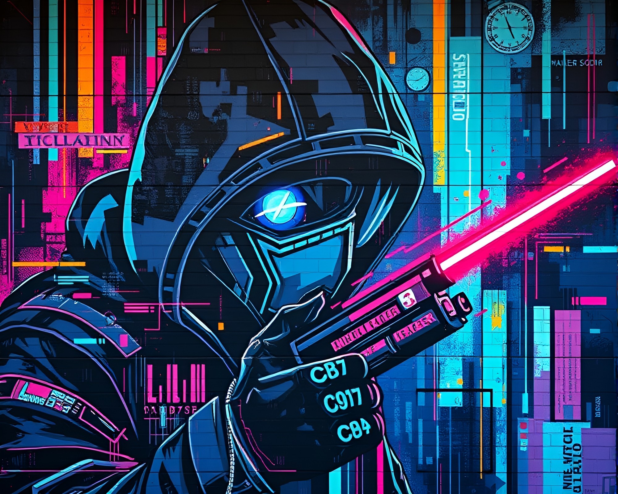 Glitch Cyberpunk Vigilante Mural Painting – free AI stock image