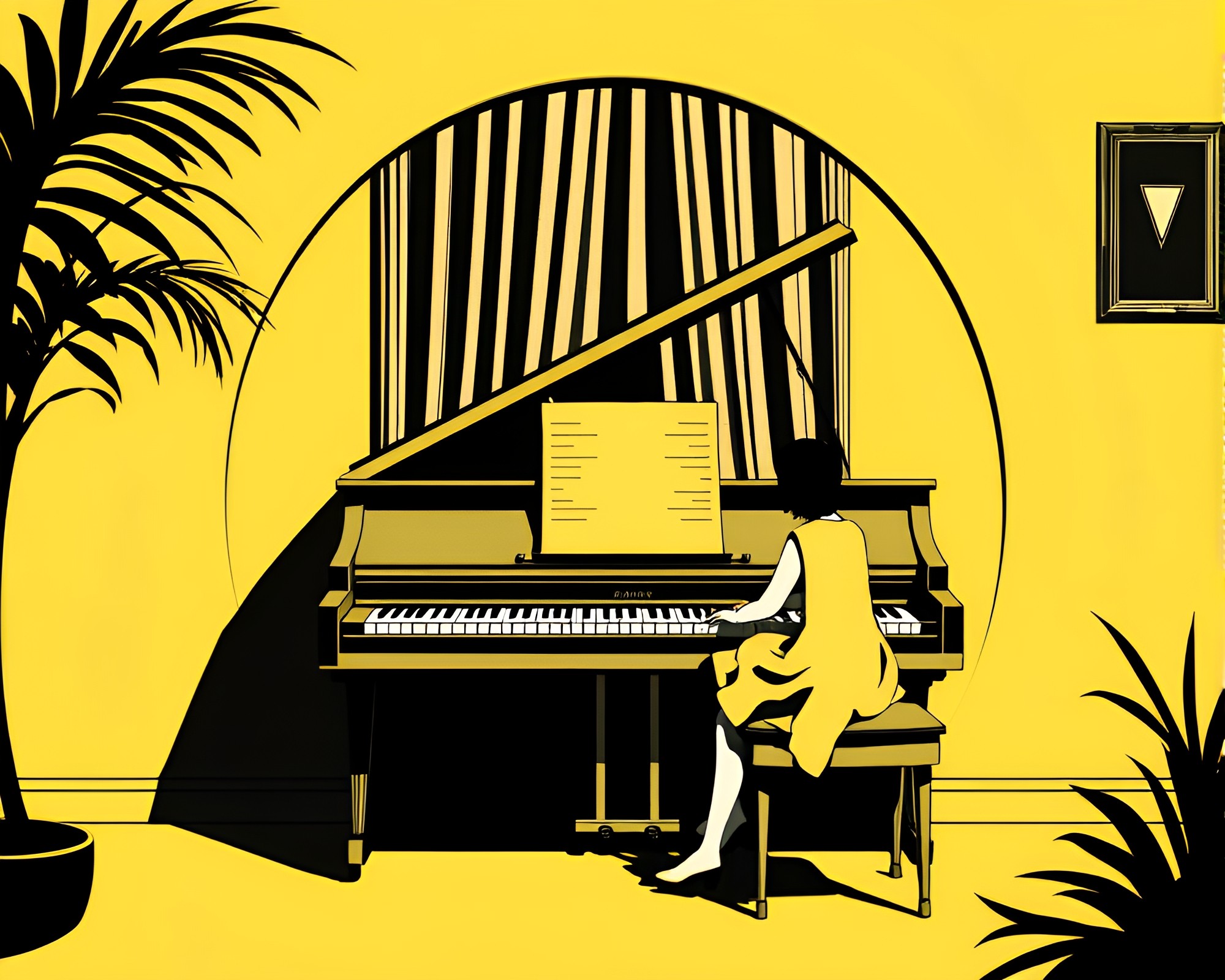 Elegant Monochrome Yellow Piano Fashion Illustration – free AI stock image