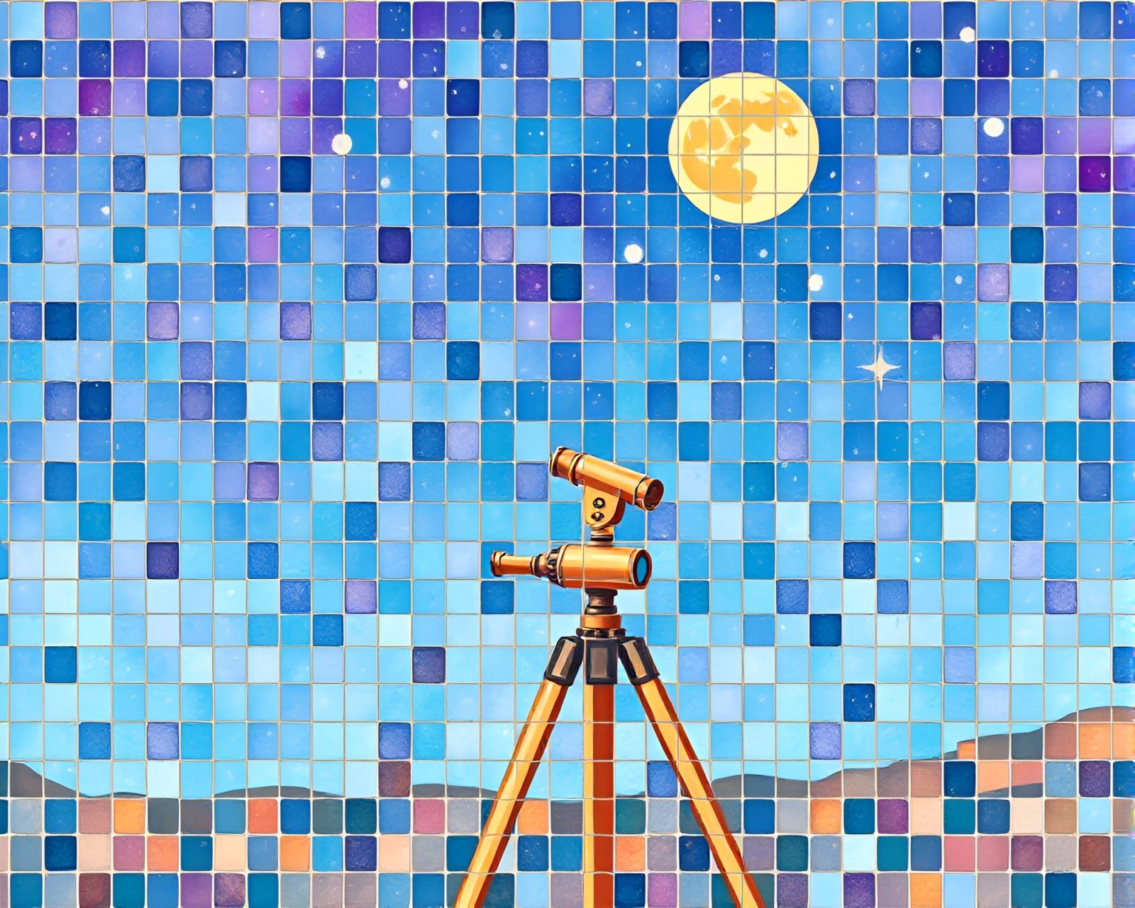 Colorful mosaic tiling with telescope motif in watercolor style.