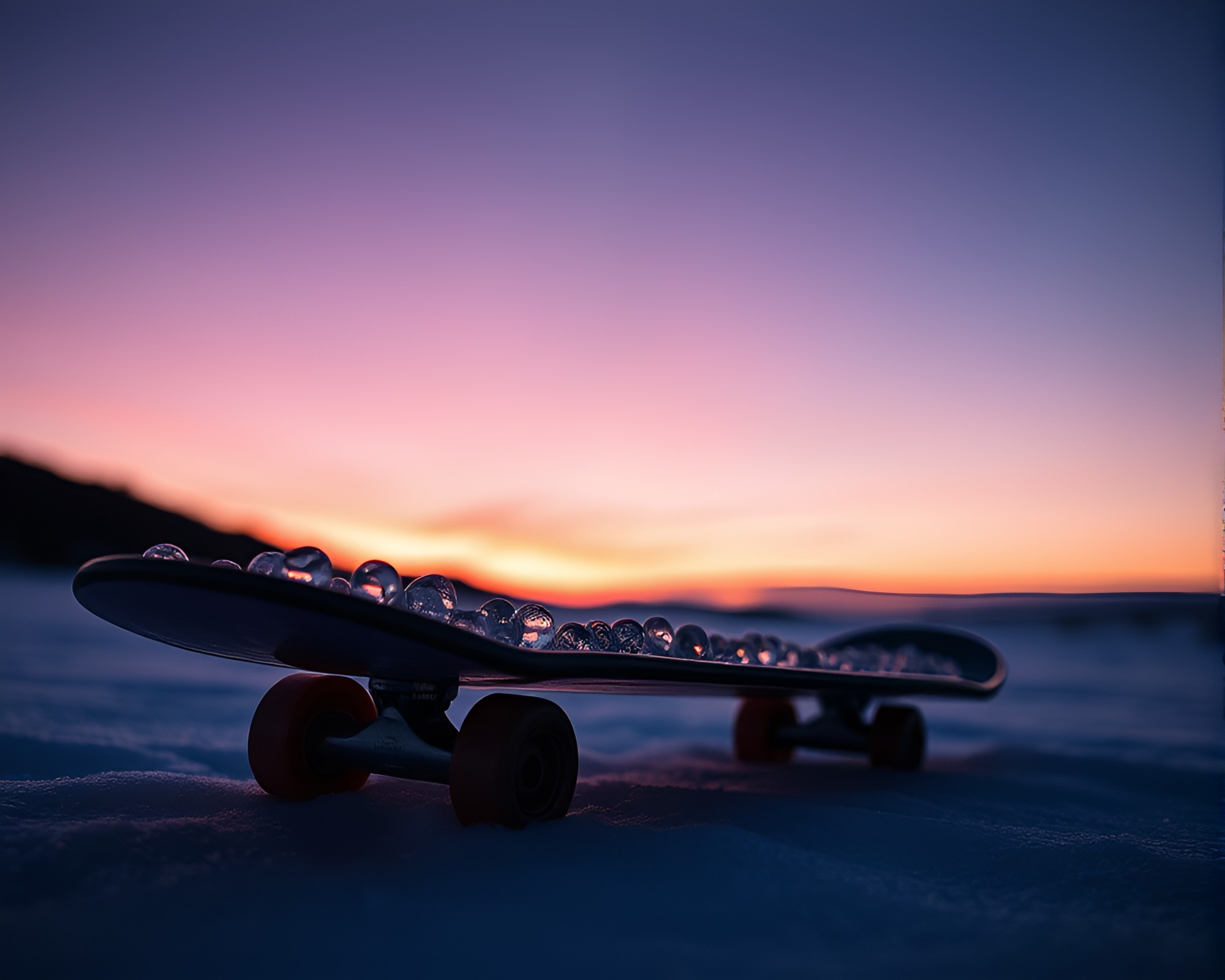 Twilight Skateboarder with Wet Glass Beads – free AI stock image