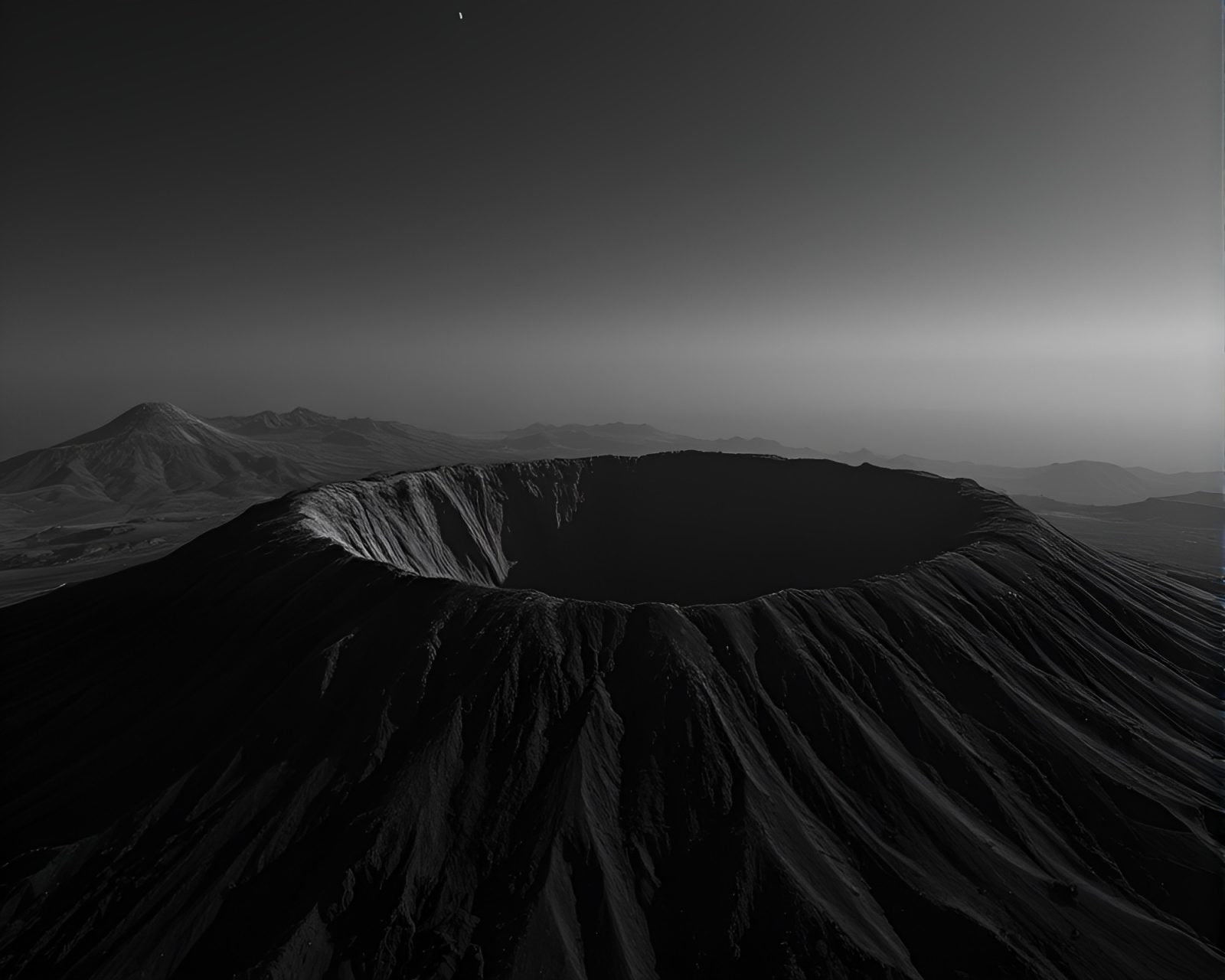 Extreme close-up of a photorealistic volcano crater in lunar tones
