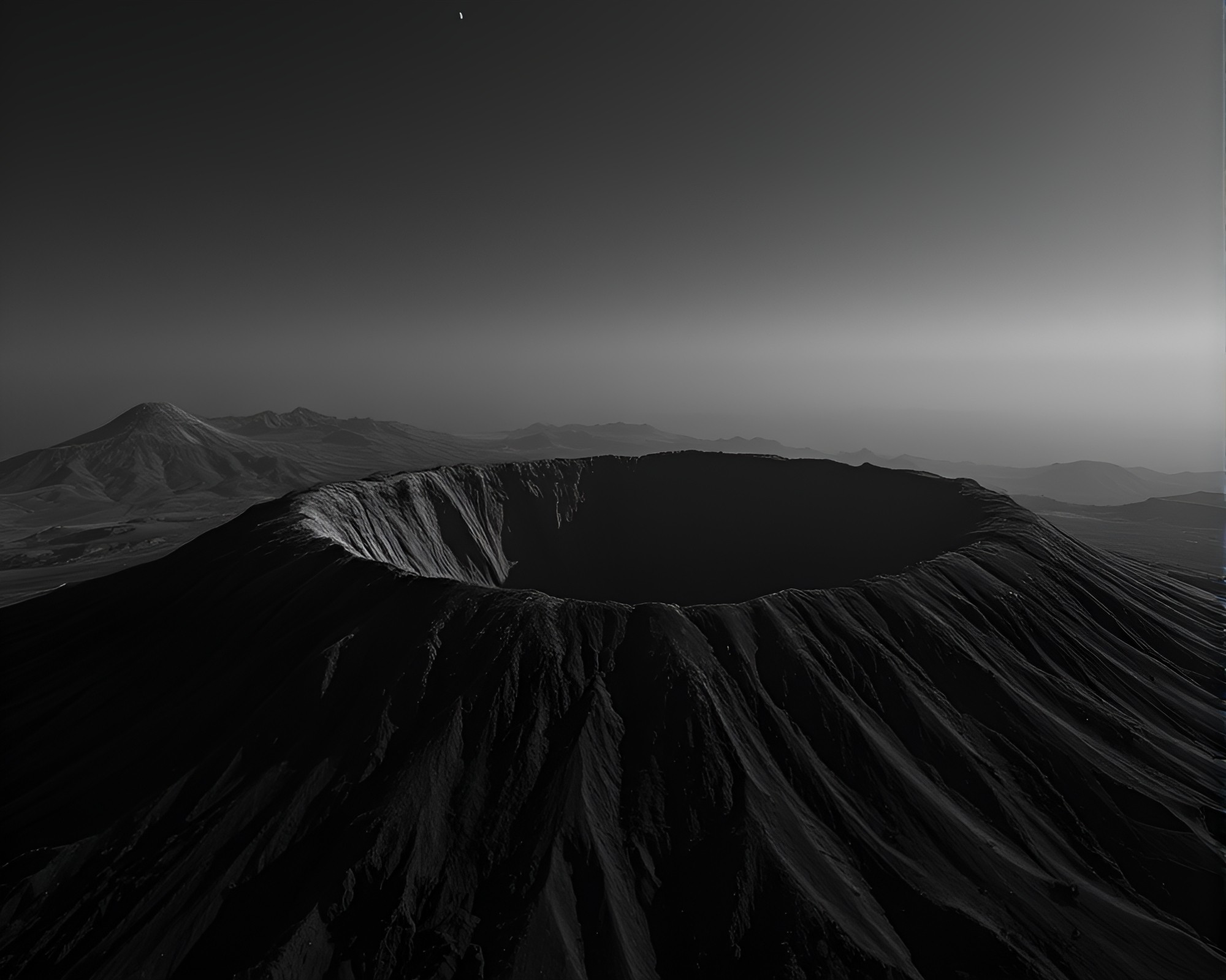 Volcanic Crater in Lunar Grayscale Close-up – free AI stock image
