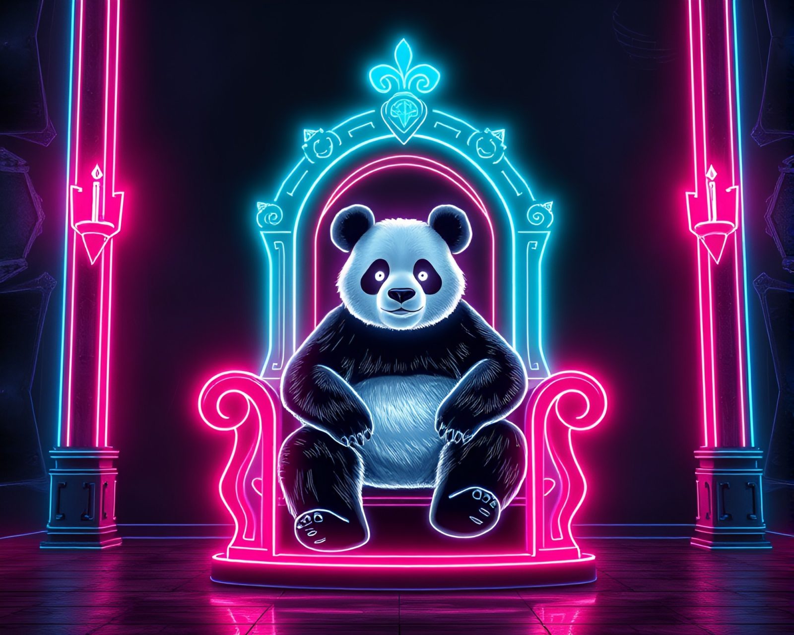 Chalkboard drawing of panda surrounded by neon wireframes