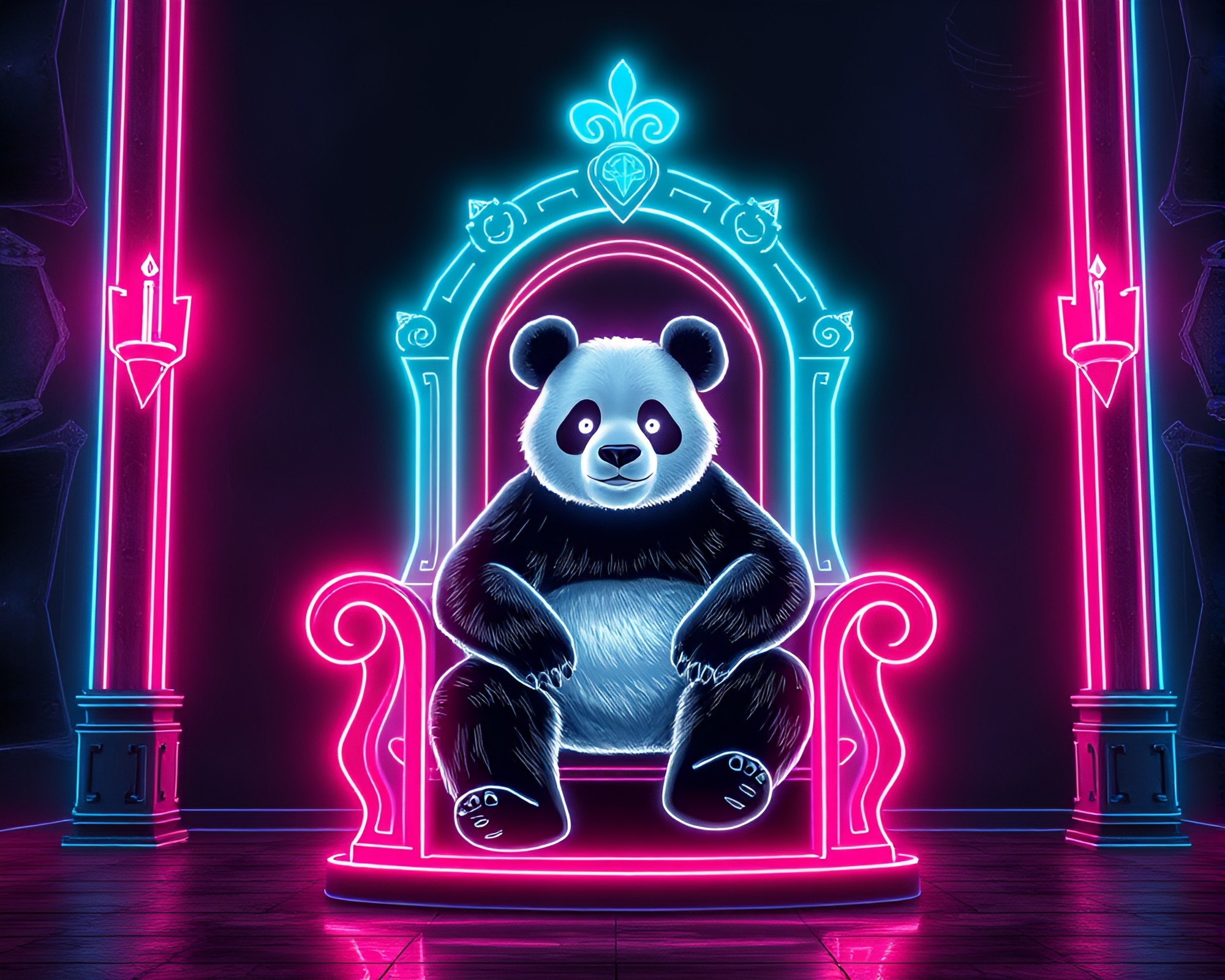 Neon Wireframe Panda in Throne Room Glow – free AI stock image