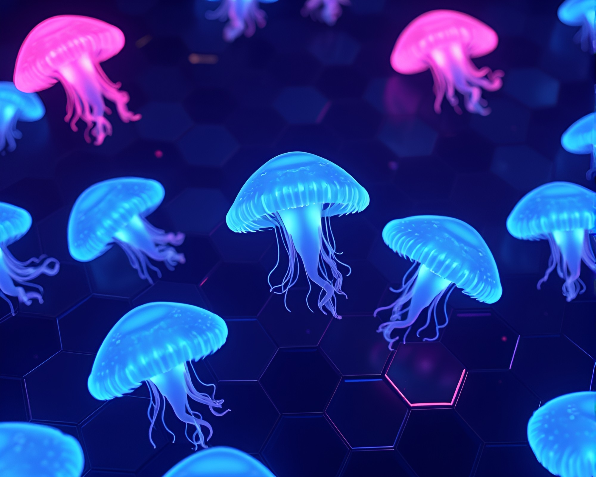 Bioluminescent Jellyfish Hexagonal Tiling CGI Render – free AI stock image