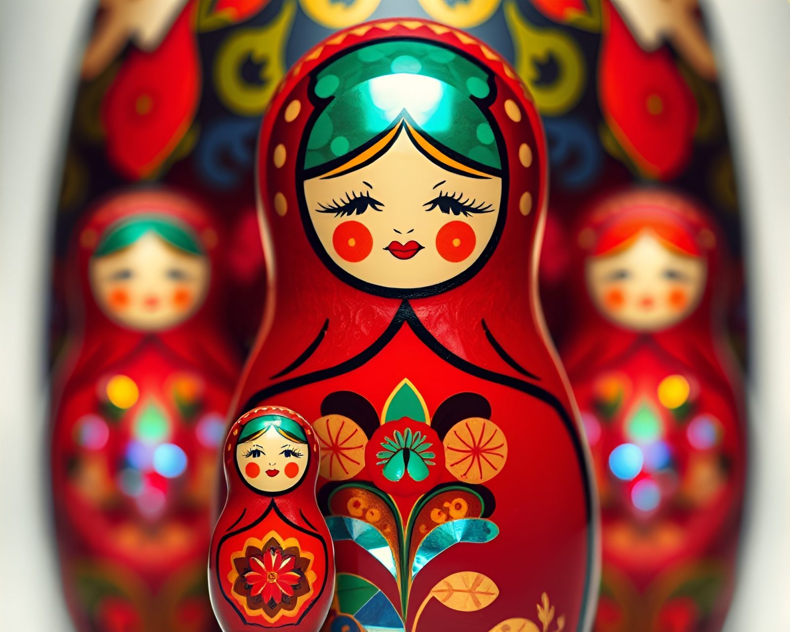 Medium shot of a Matryoshka doll, glowing in topaz hues