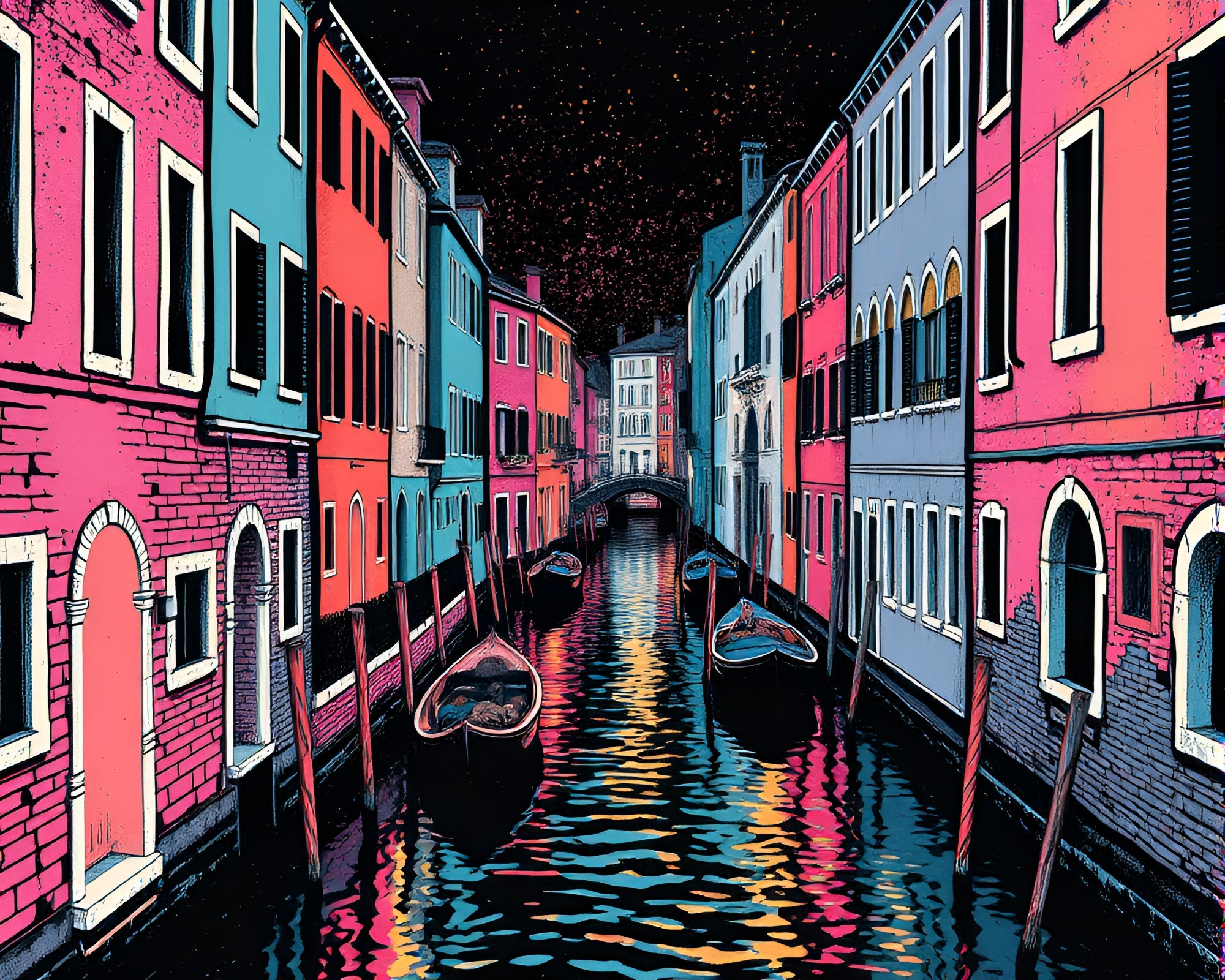 Fantasy Venetian Canal linocut textures art – free AI stock image