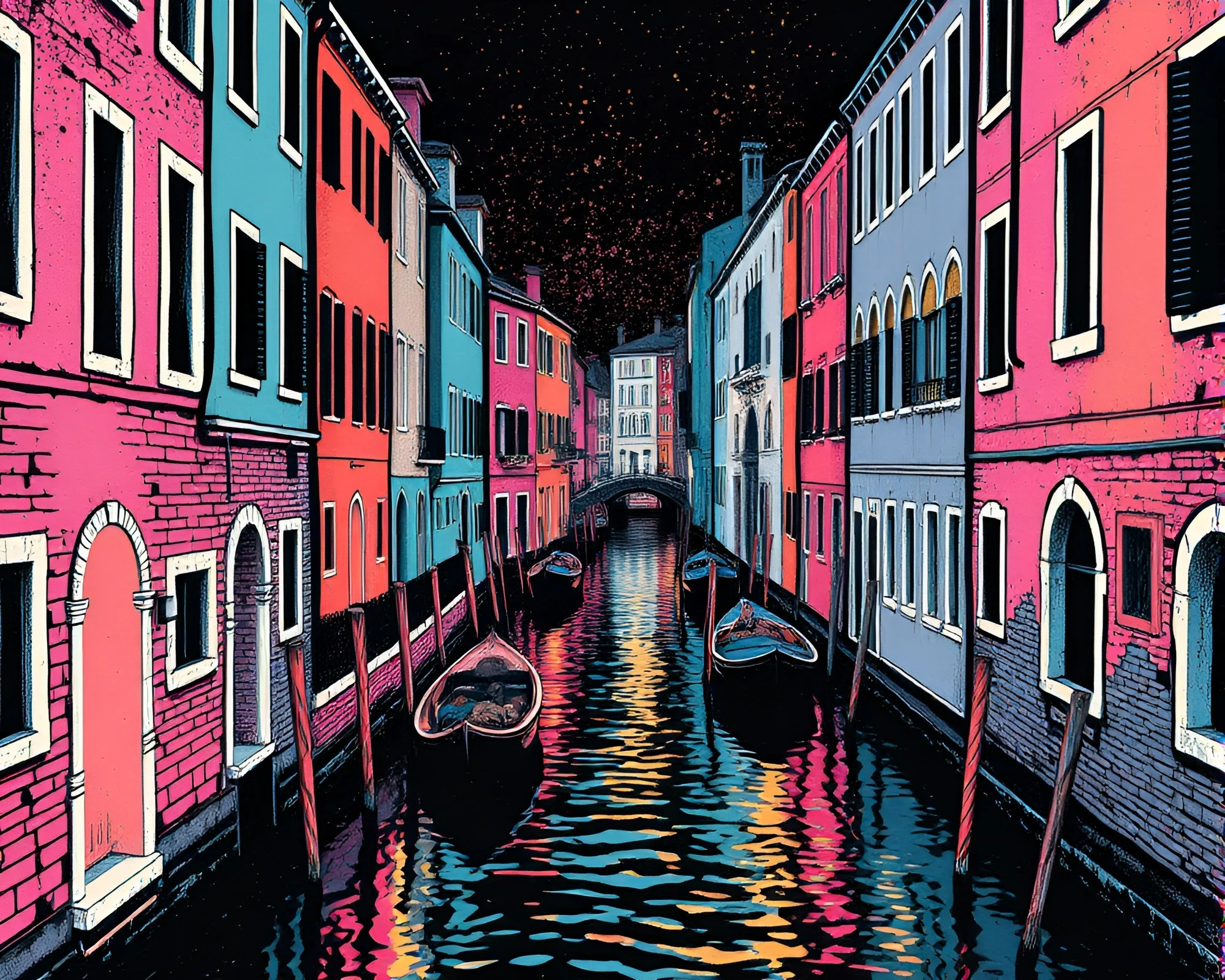 Fantasy Venetian Canal linocut textures art