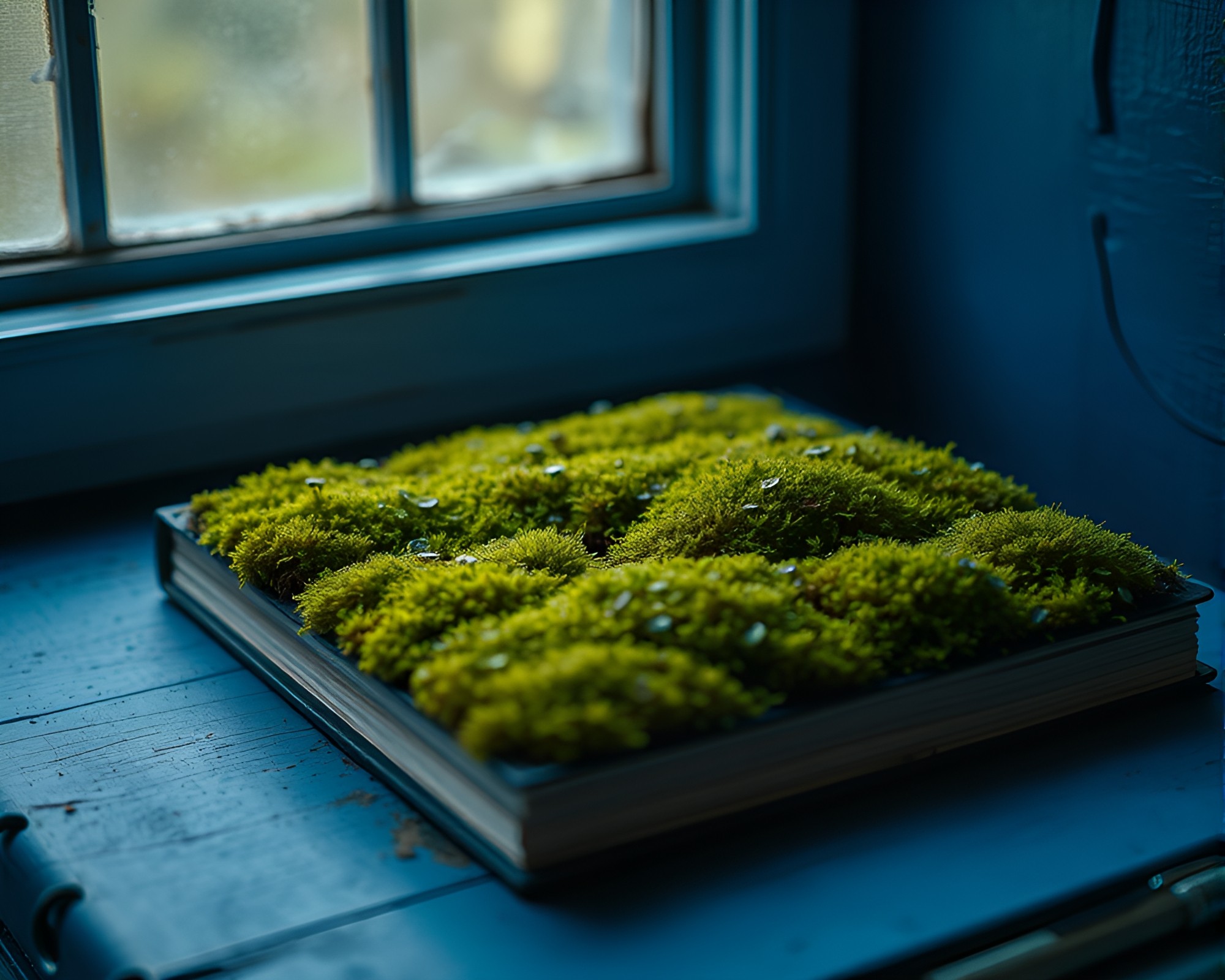 Enchanted Moss Growth in Cobalt Blue Dreamland – free AI stock image