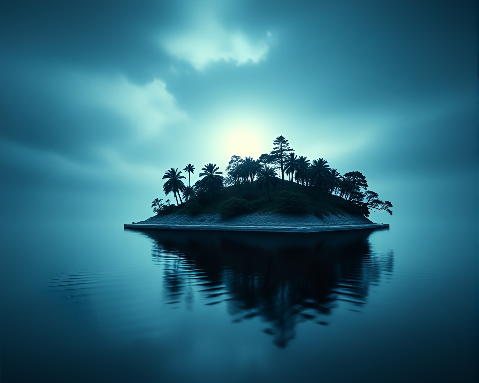 Sapphire Dream: Floating Island Lens Distortion Noir – free AI stock image