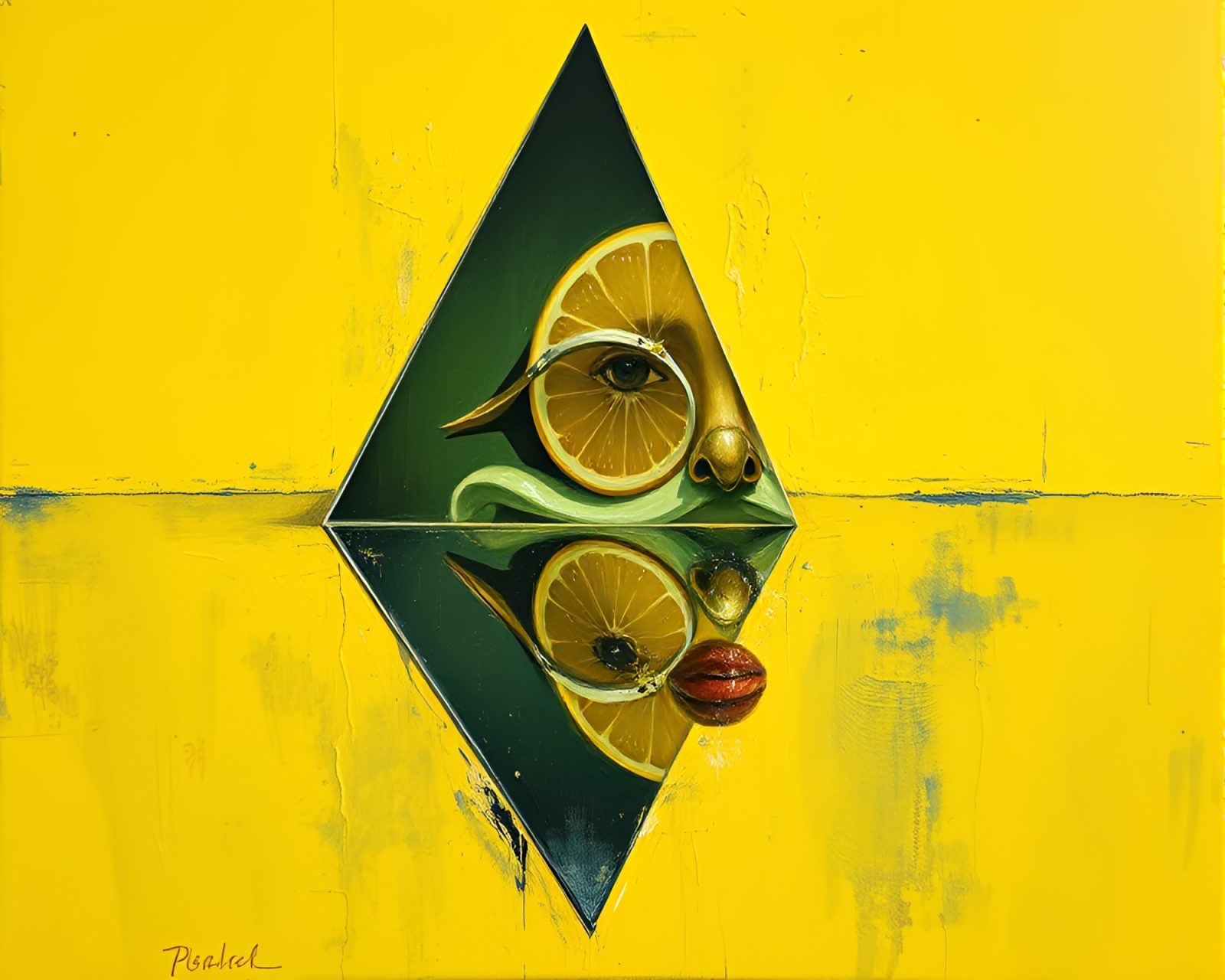 Abstract oil painting of cyborg reflecting in mirror shard