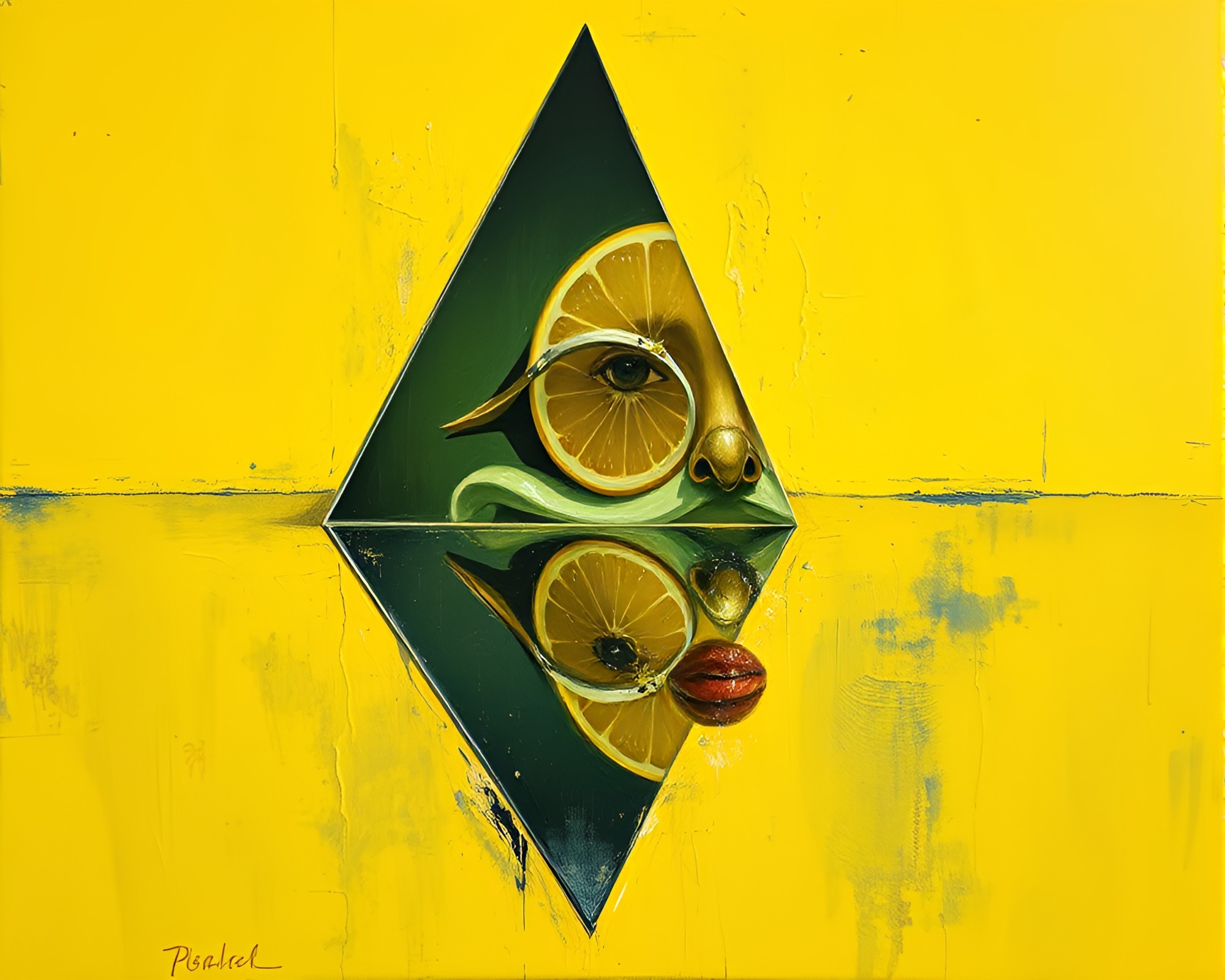 Cyborg Reflection in Lemon Yellow Shard – free AI stock image