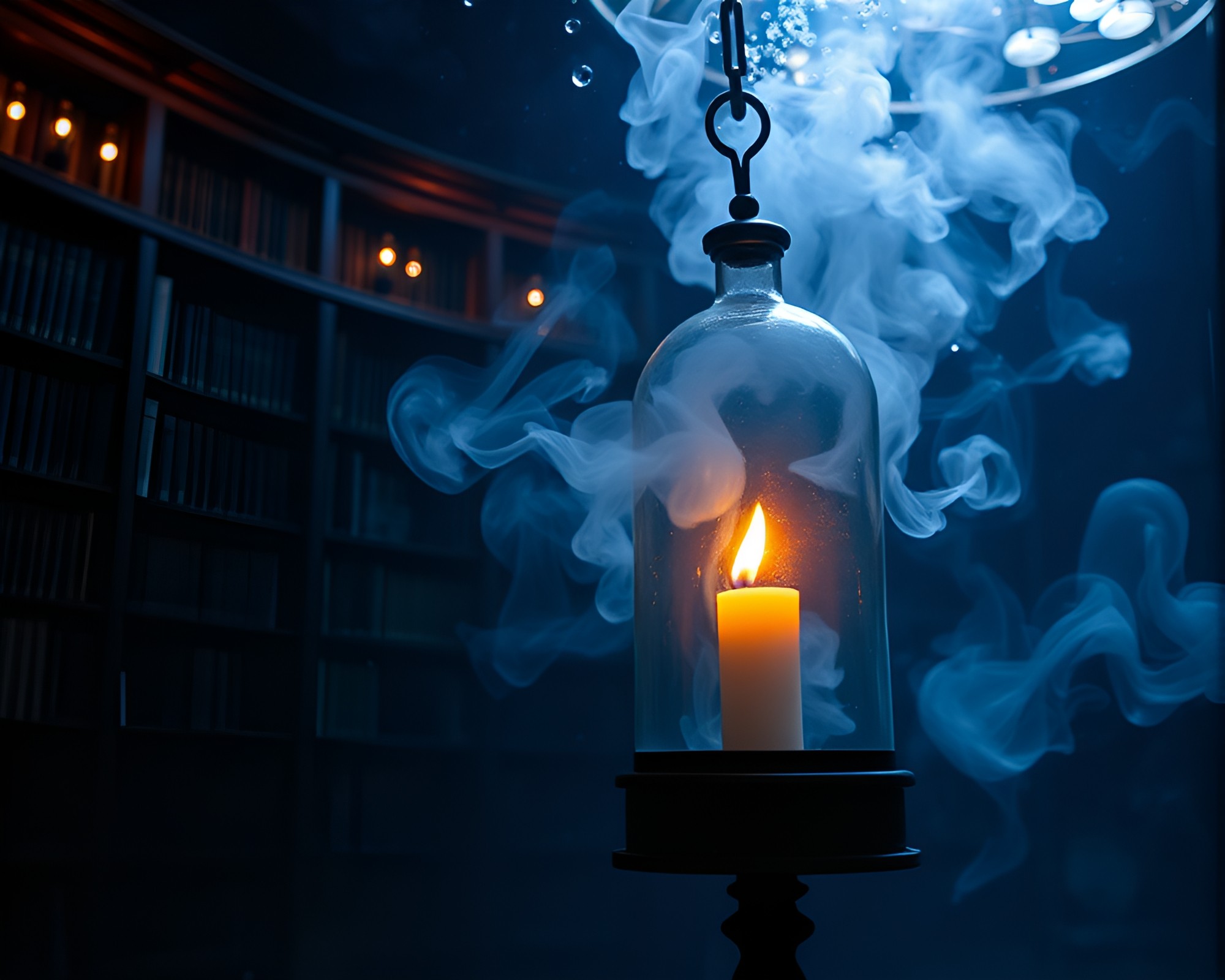 Submerged candlelit library under tenebristic dome – free AI stock image
