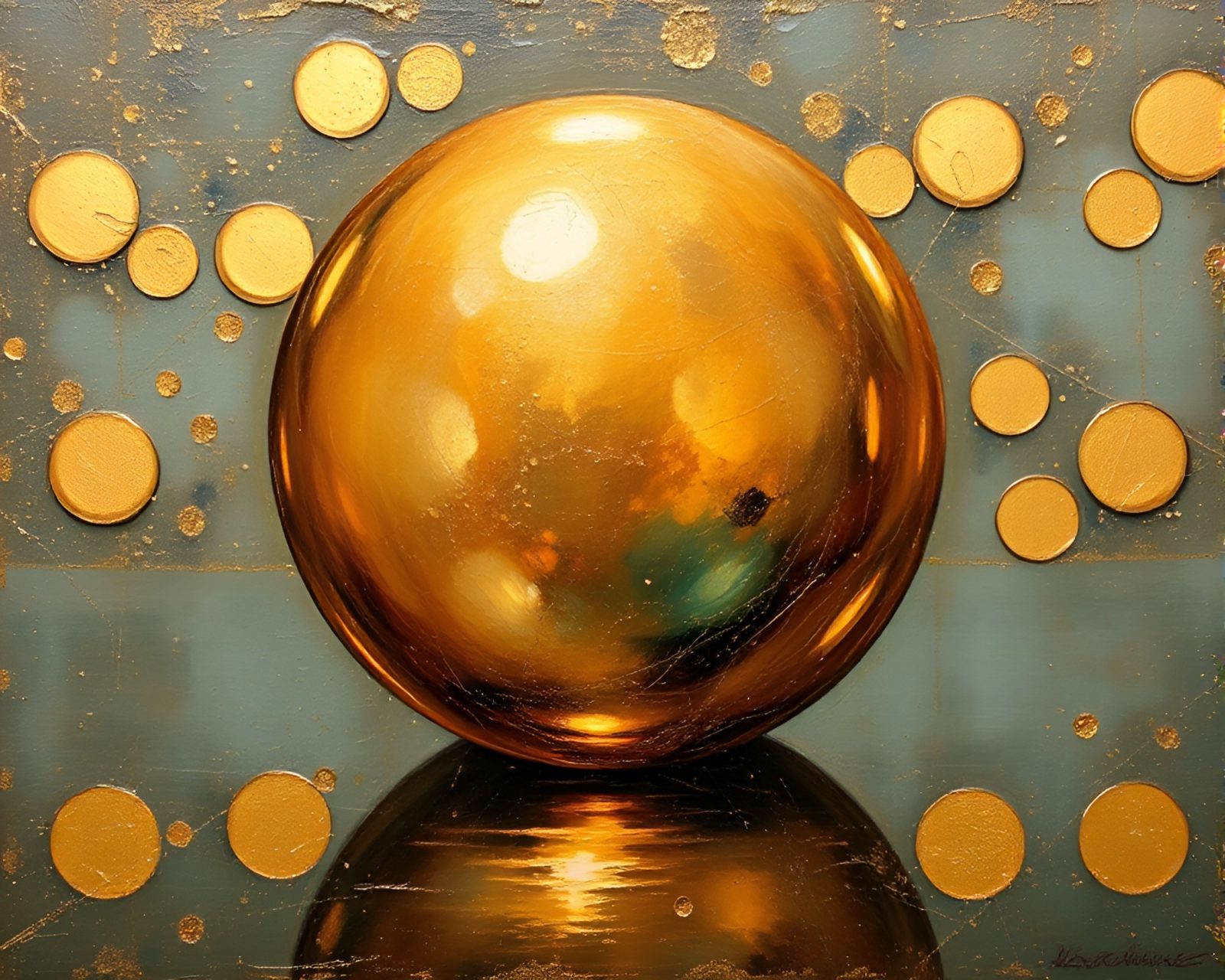Encaustic painting of glass orb reflecting savannah hues