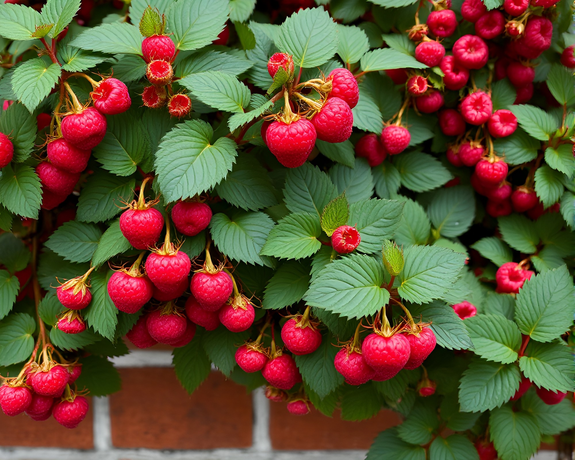 Vibrant Raspberry Bush in Brick Red Depth – free AI stock image