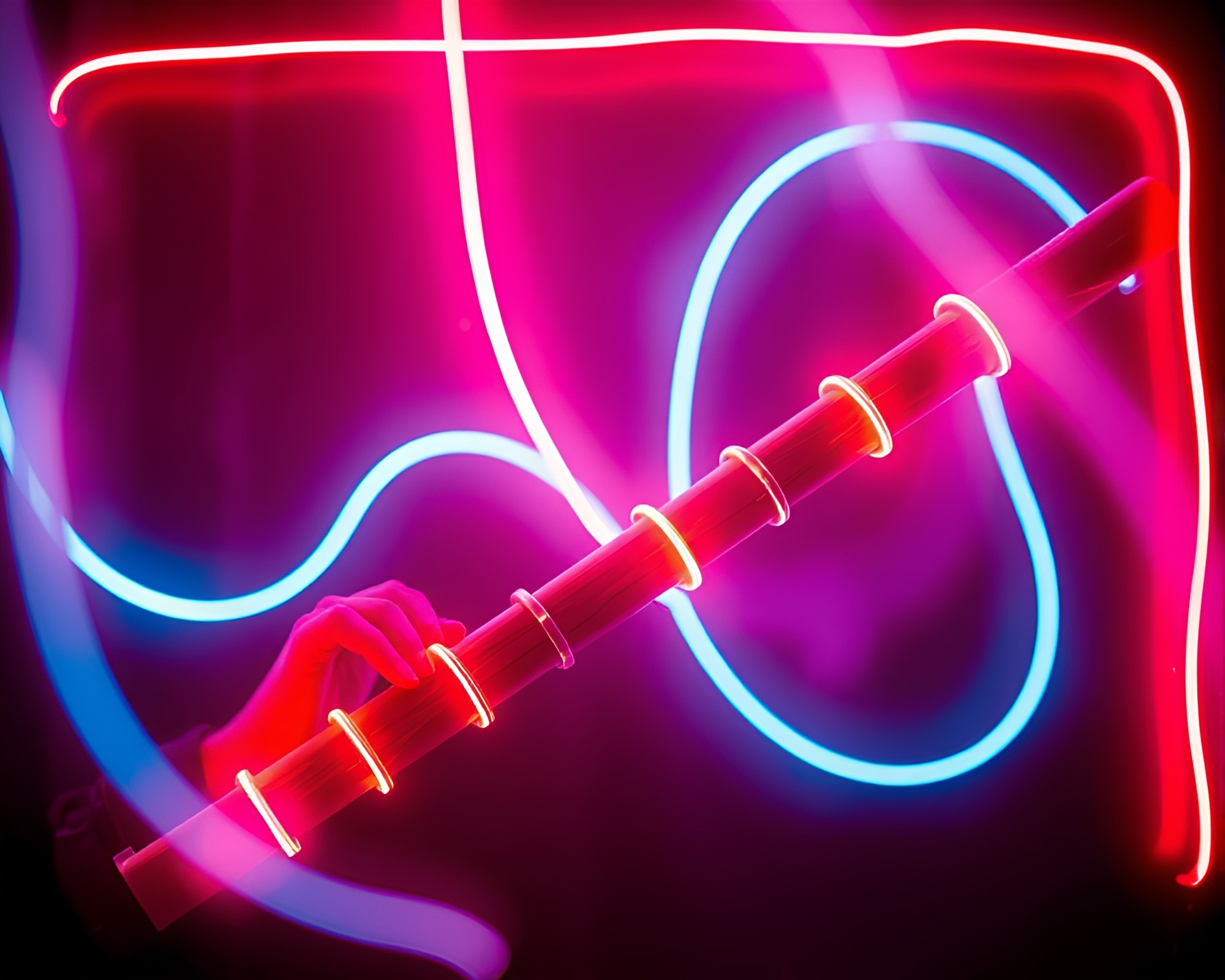 Neon Wireframe Bamboo Flute in Theatrical Lighting – free AI stock image