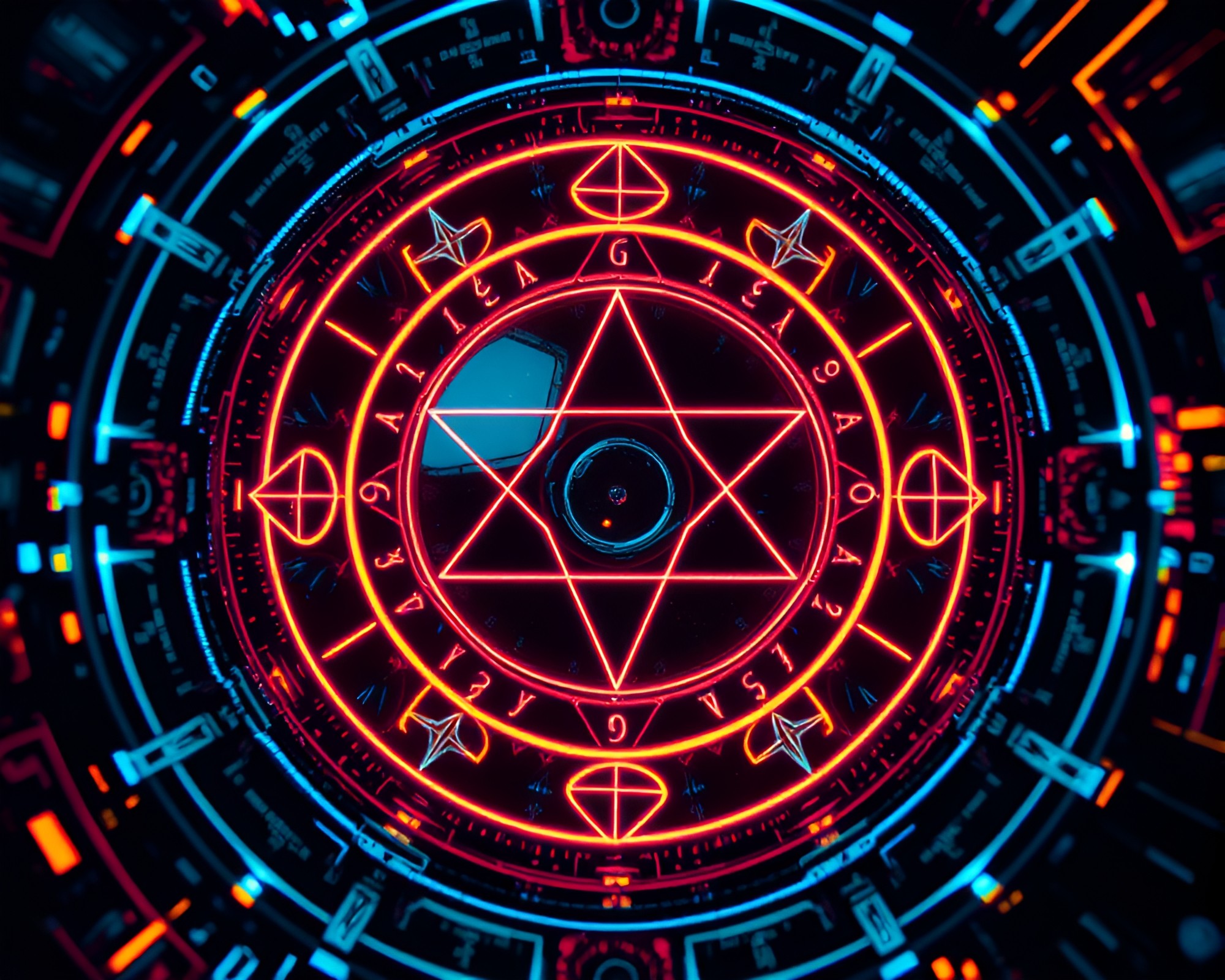 Neon Alchemical Symbols in Cybernetic Split Focus Diopter – free AI stock image