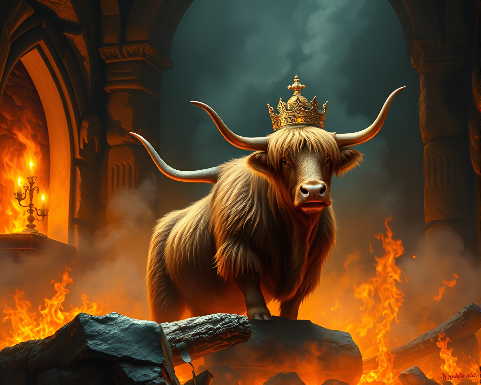 Highland Cow Throne Room Glow Fresco Painting – free AI stock image