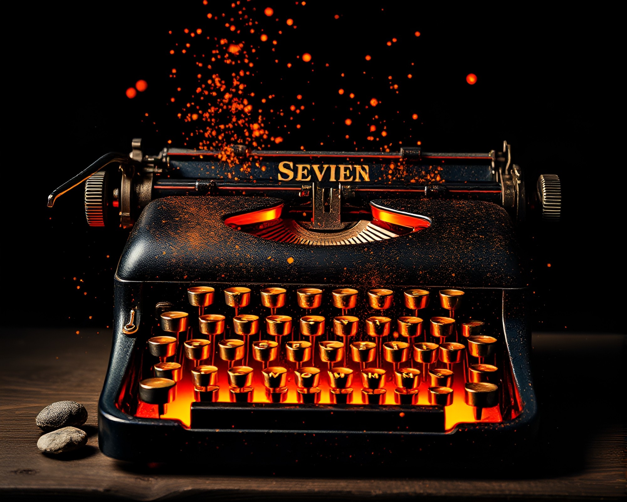 Vintage typewriter with floating embers and stardust glow – free AI stock image