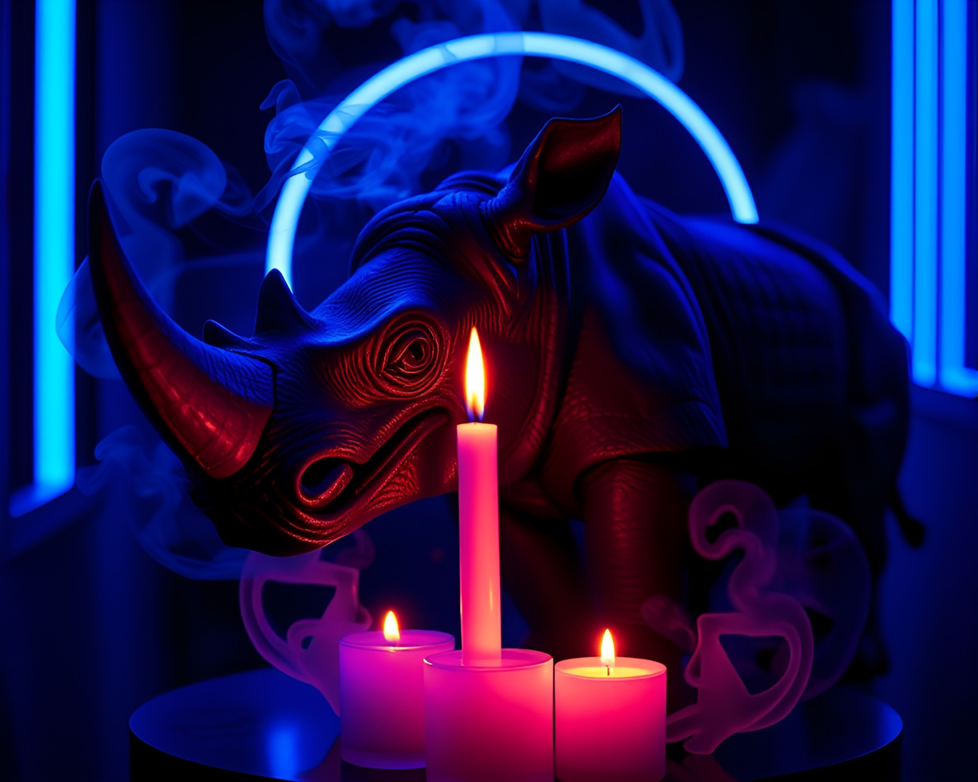 Rhinoceros in Neon Glow with Candle Smoke – free AI stock image