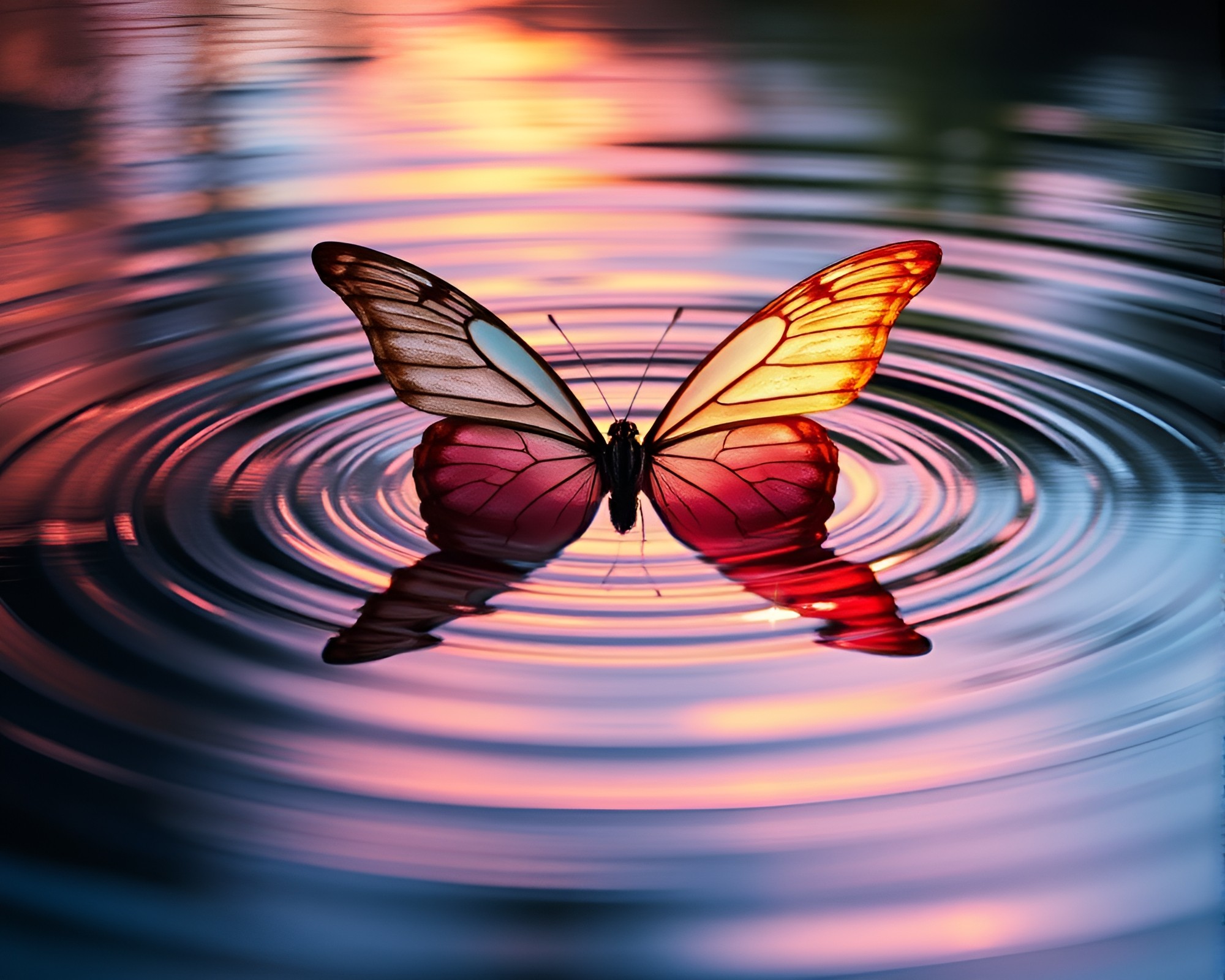 Silk Butterfly Water Reflection Ripples Synthwave Fantasy – free AI stock image