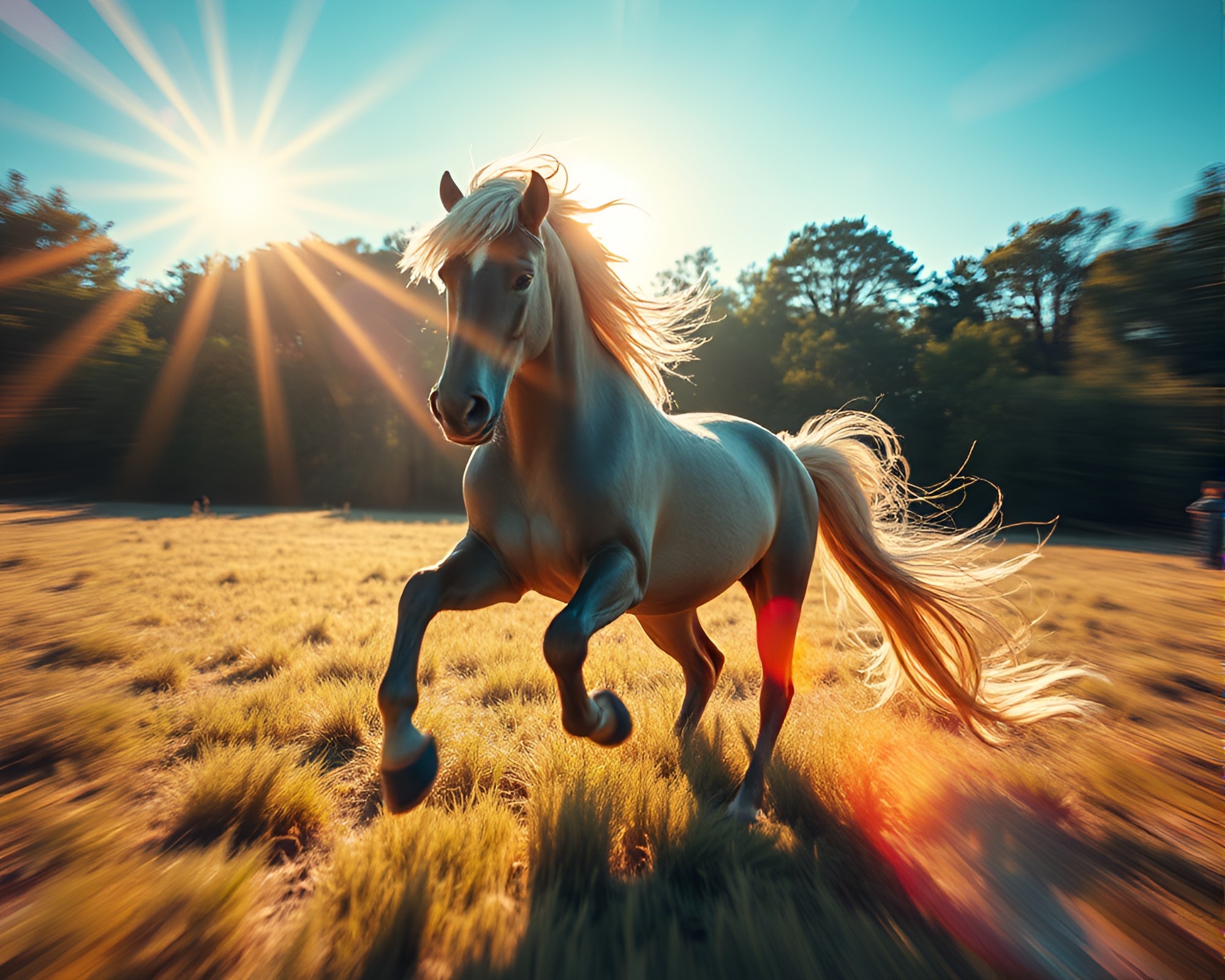 Majestic Wild Stallion under Solar Flare Lens Distortion – free AI stock image