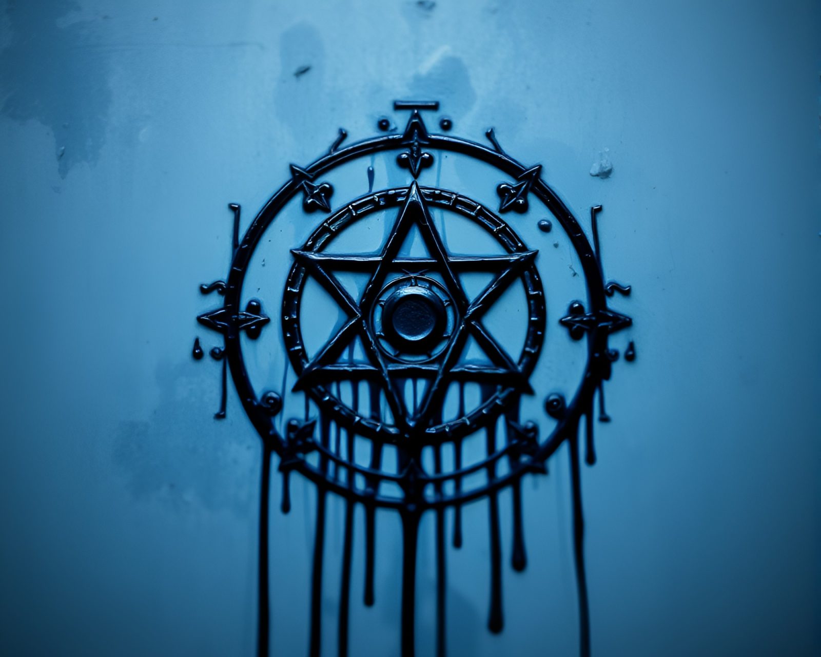 Monochrome blue sigil with selective focus on dripped paint