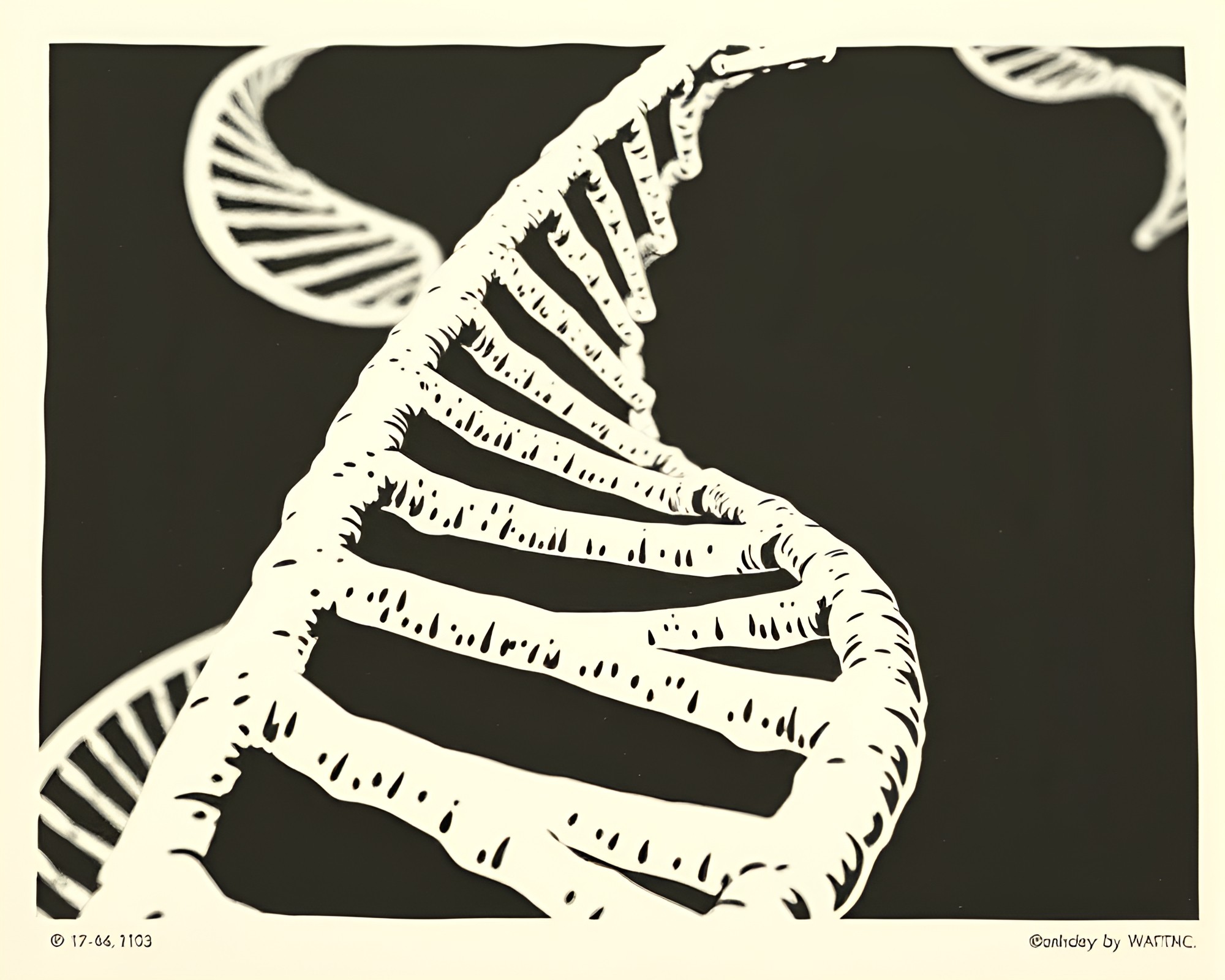 Woodcut print of DNA helix under ivory lighting – free AI stock image