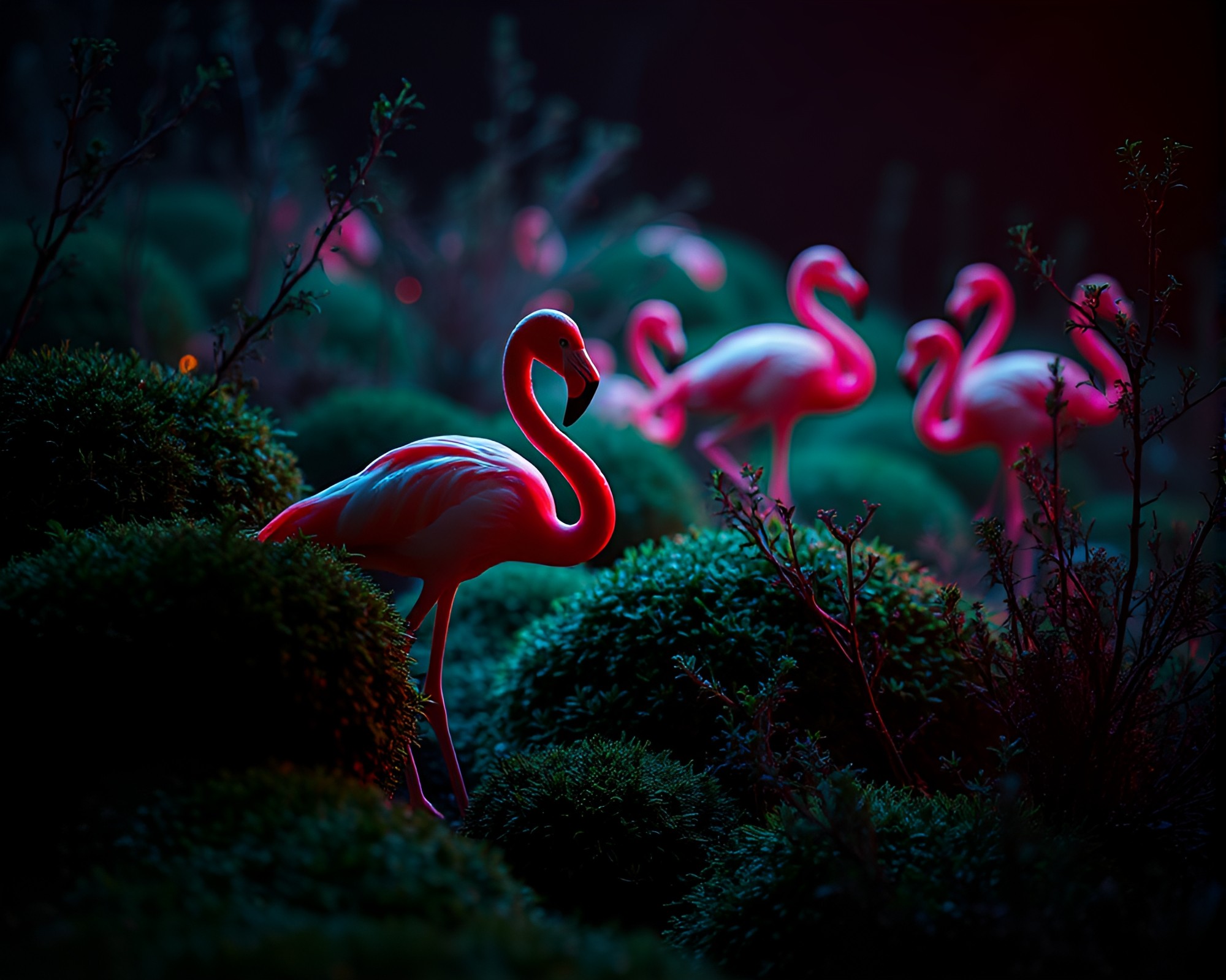 Surreal Flamingo amidst Moss Growth in Retrowave Style – free AI stock image