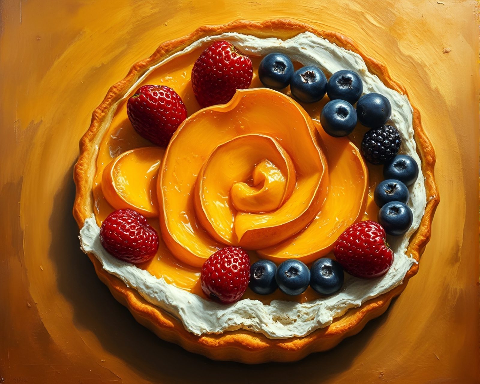 Vibrant oil painted fruit tart in a golden spiral composition