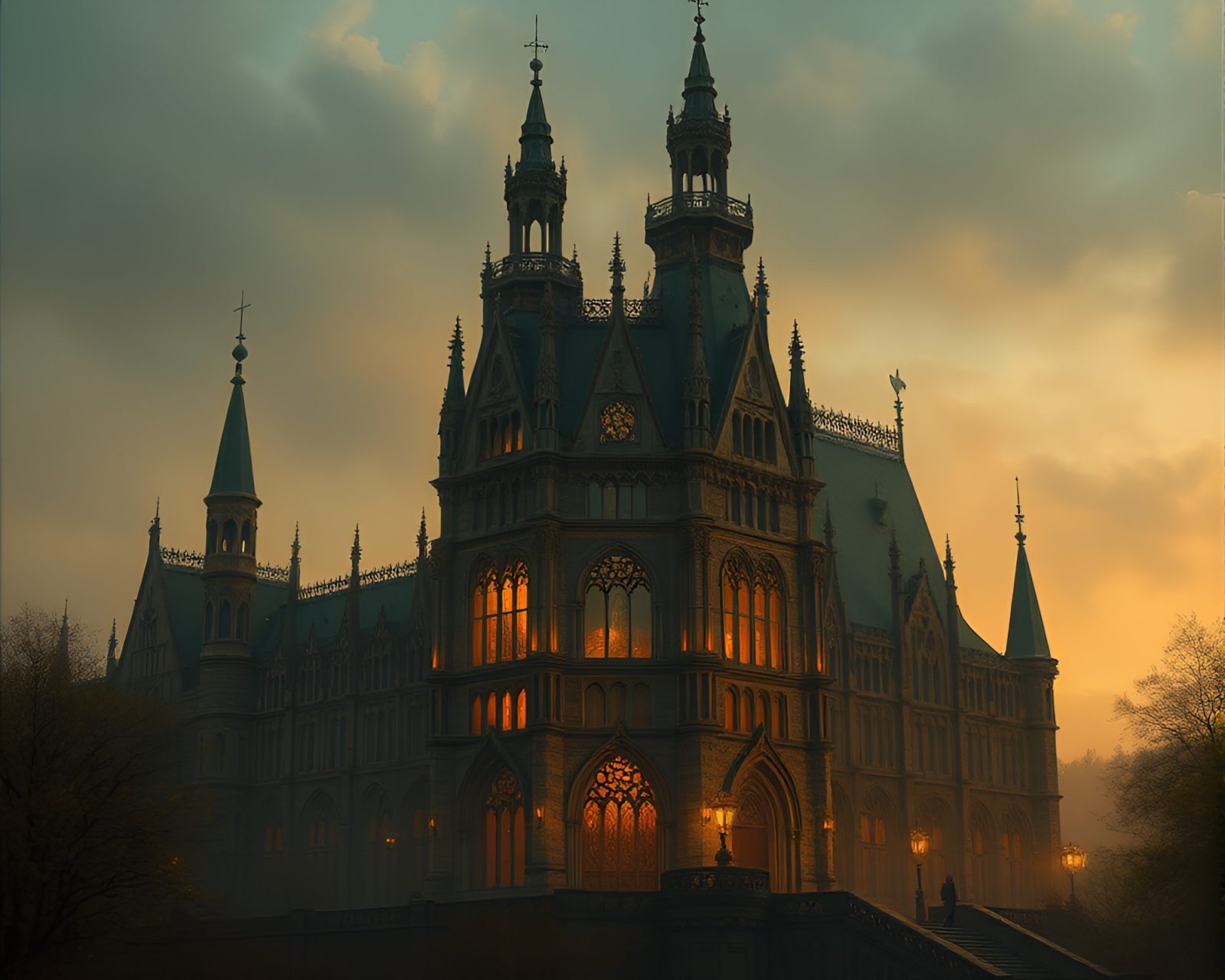 Ethereal digital twilight haze over ancient bronze mansion
