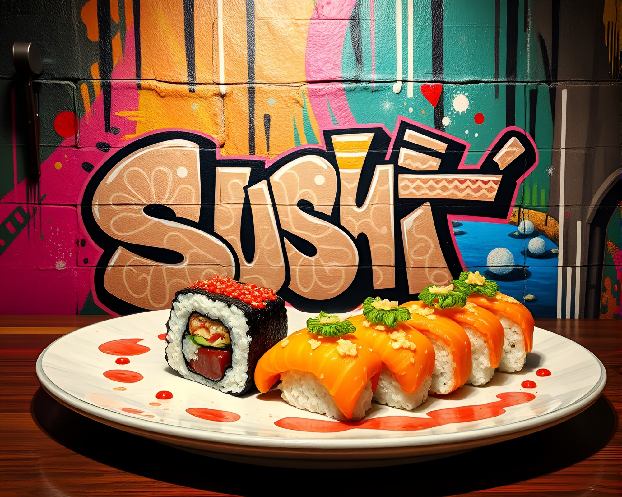 Graffiti Sushi Spectral Hues Mural – free AI stock image