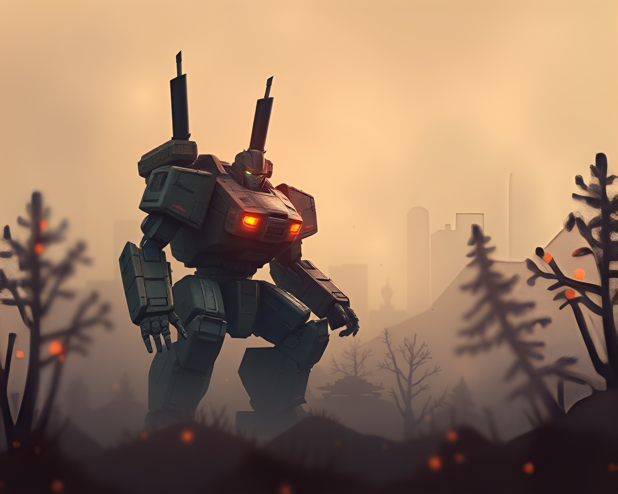 Epic Battle Mech in Pixelated Warzone – free AI stock image