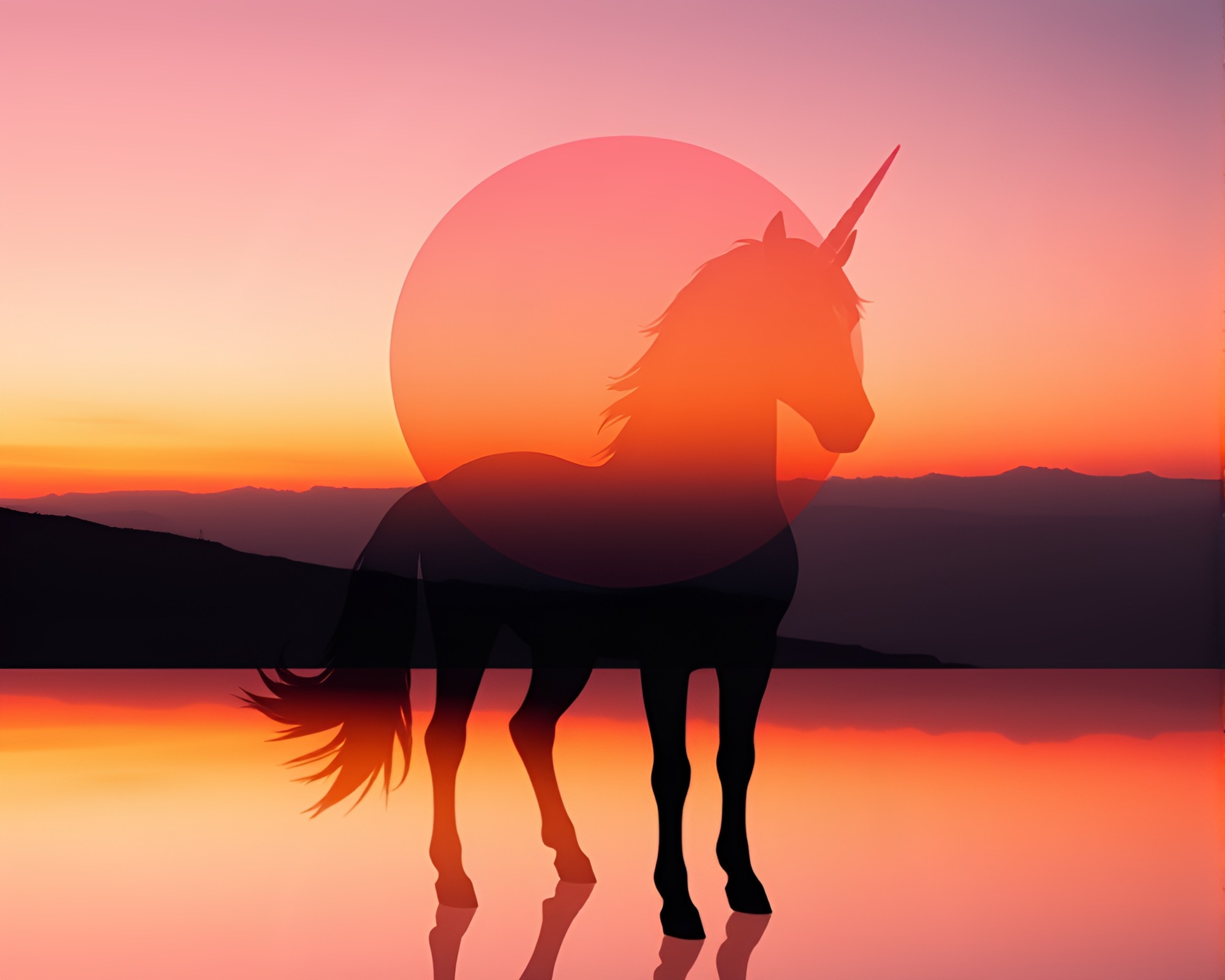 Minimalist Collage: Sunset Unicorn Silhouette – free AI stock image