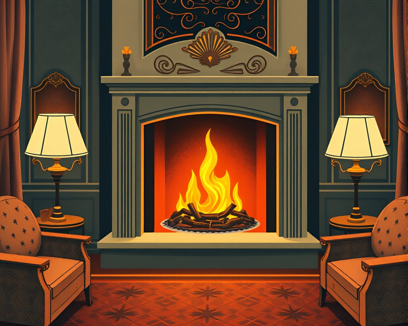 Illustration of elegant hotel lobby with torn paper accents