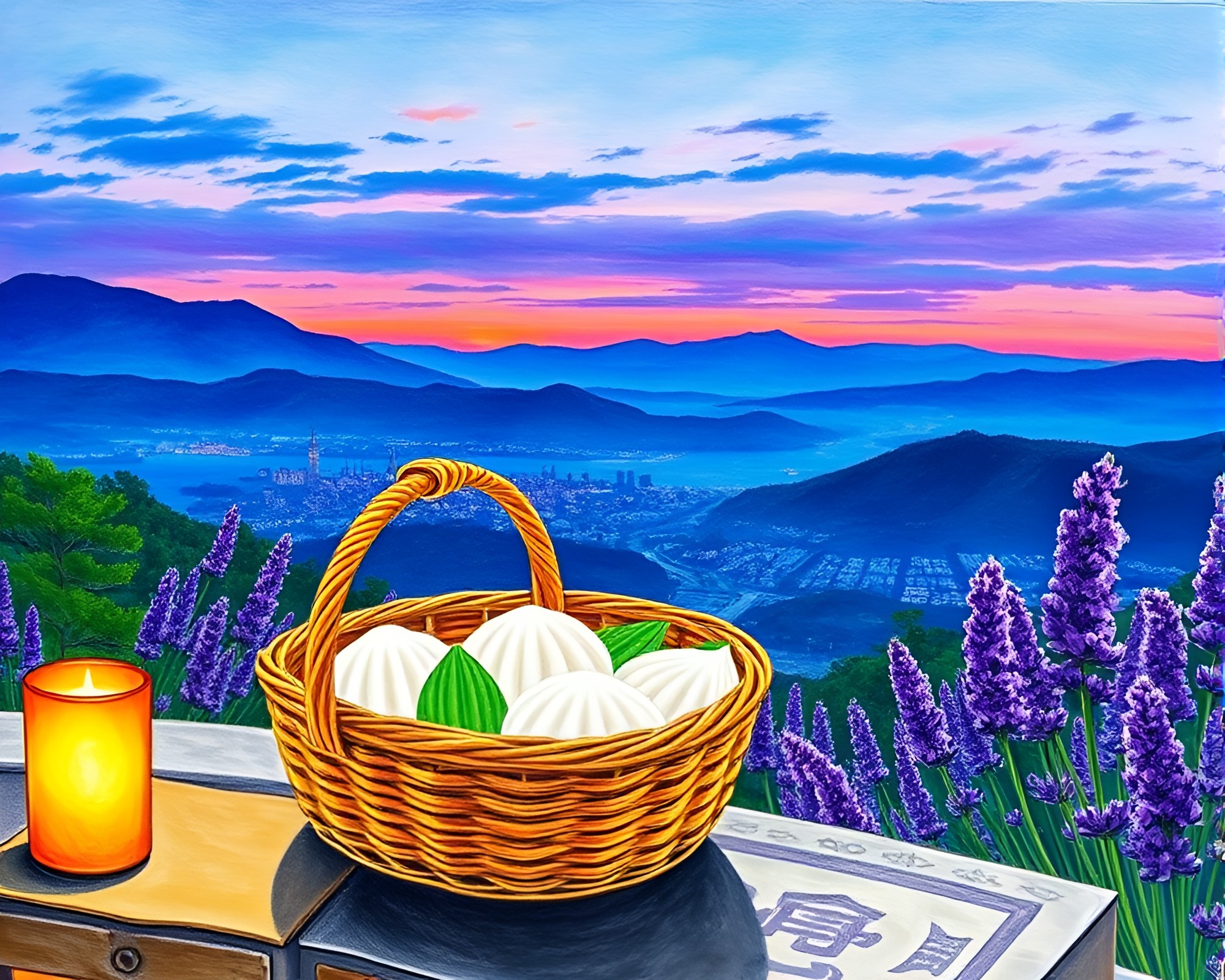 Twilight Dim Sum Panorama in Conté Crayon – free AI stock image