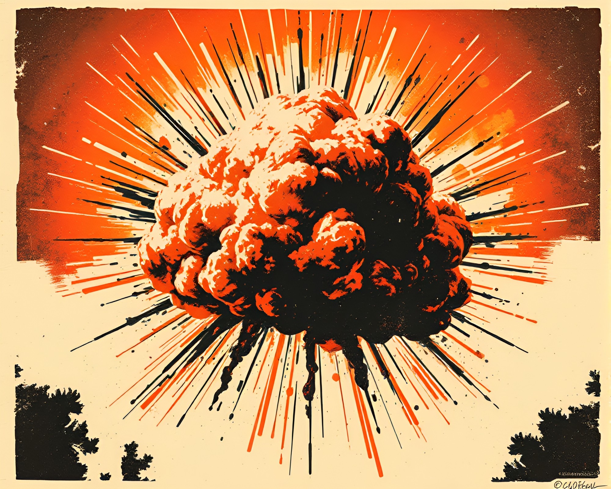 Cyborg Explosion Cloud in Overexposed Stencil Art – free AI stock image