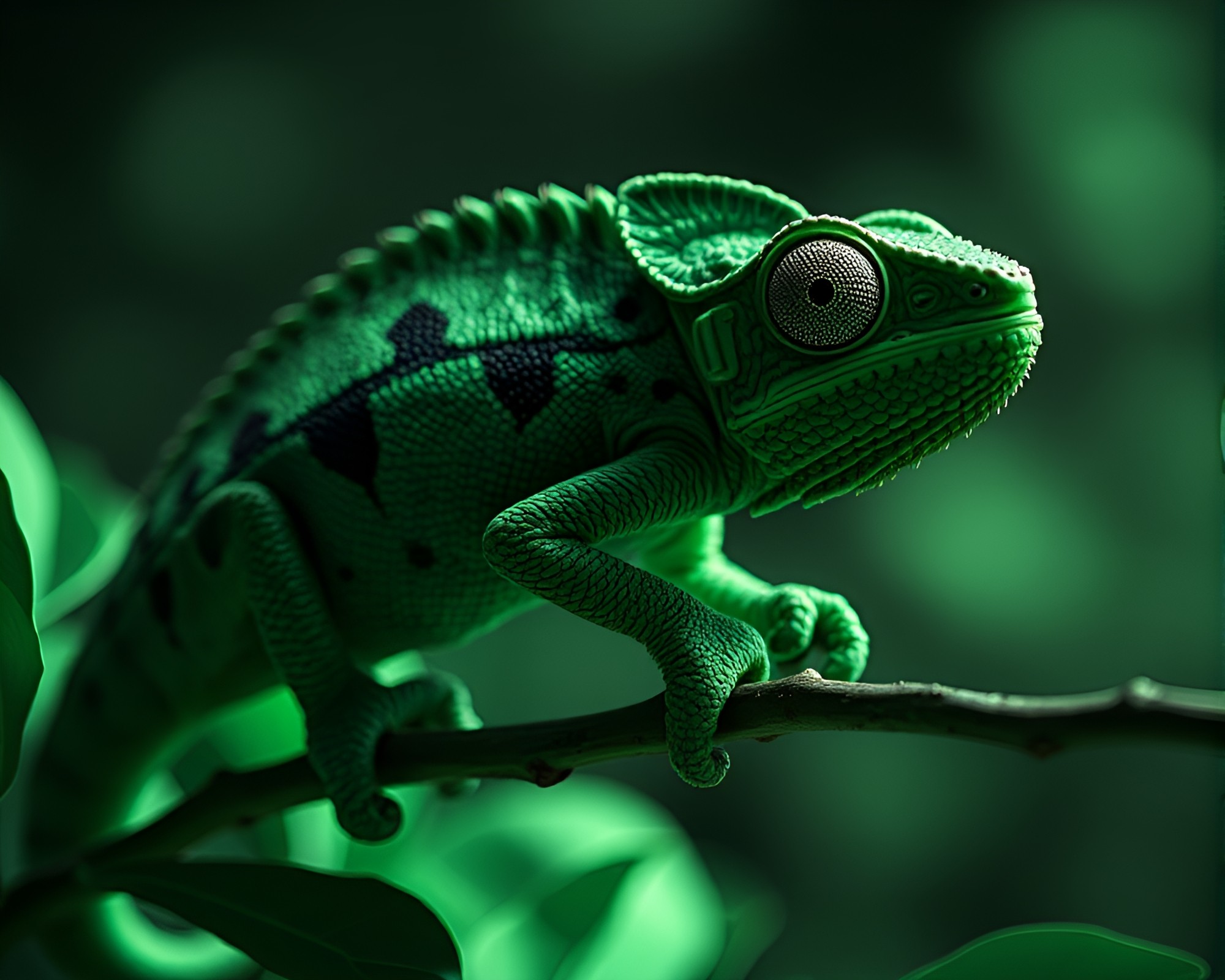Chameleon in Monochrome Green Real-Time Ray Tracing – free AI stock image