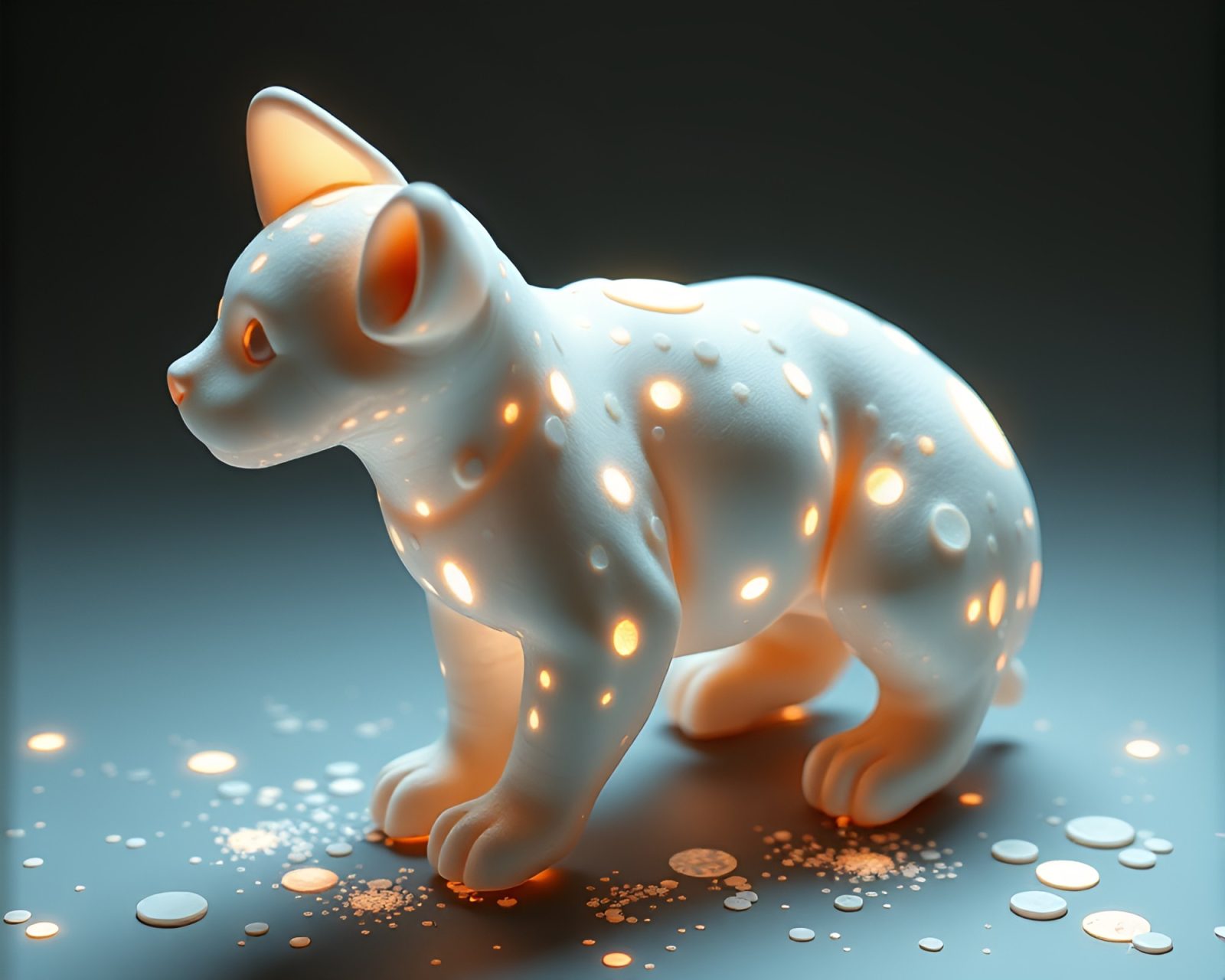 Voxel art of ivory white holographic pet in mildew-covered space