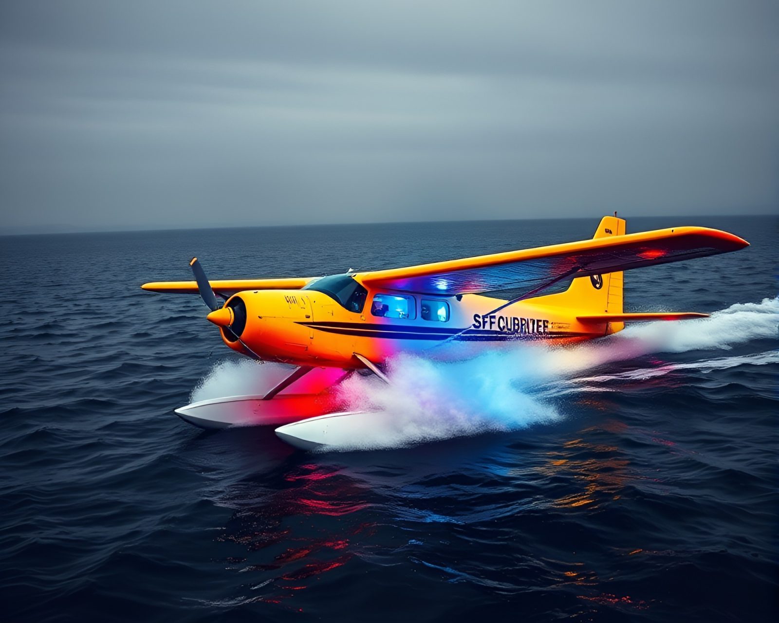 Ink splashes forming a sea plane surrounded by club strobe lights