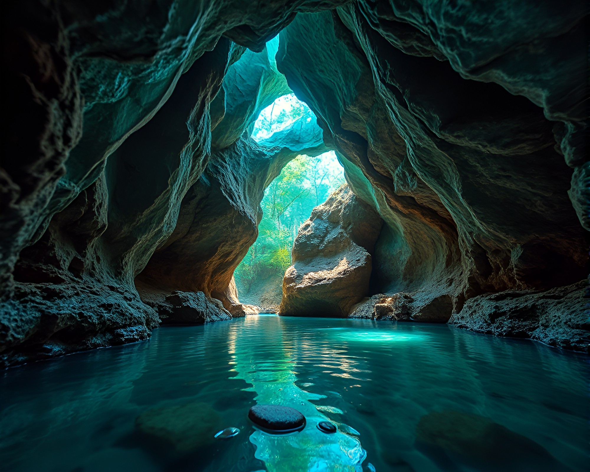 Cave Painting Inspired Stained Glass Turquoise Paradise – free AI stock image