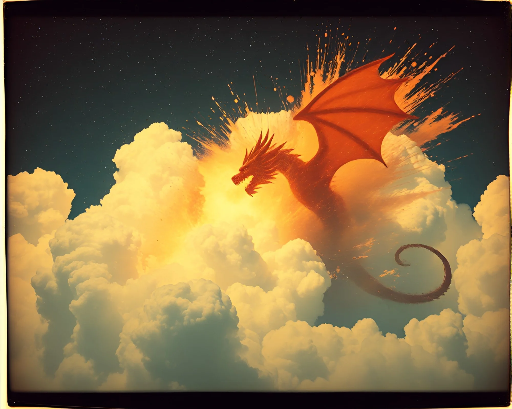 Celestial Dragon Amidst Vintage Explosion Cloud in Rim Lighting