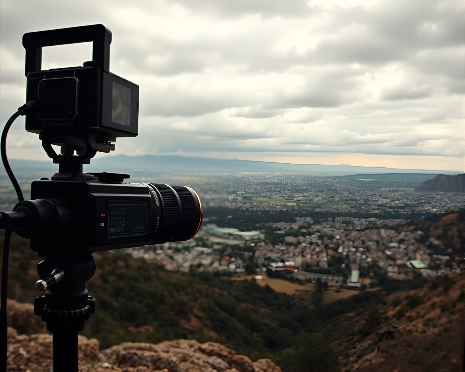 High-contrast microphone set against muted earth tones panorama