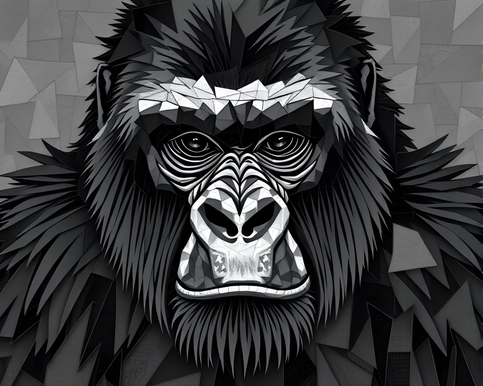 Fragmented mosaic of a gorilla in bio-organic design